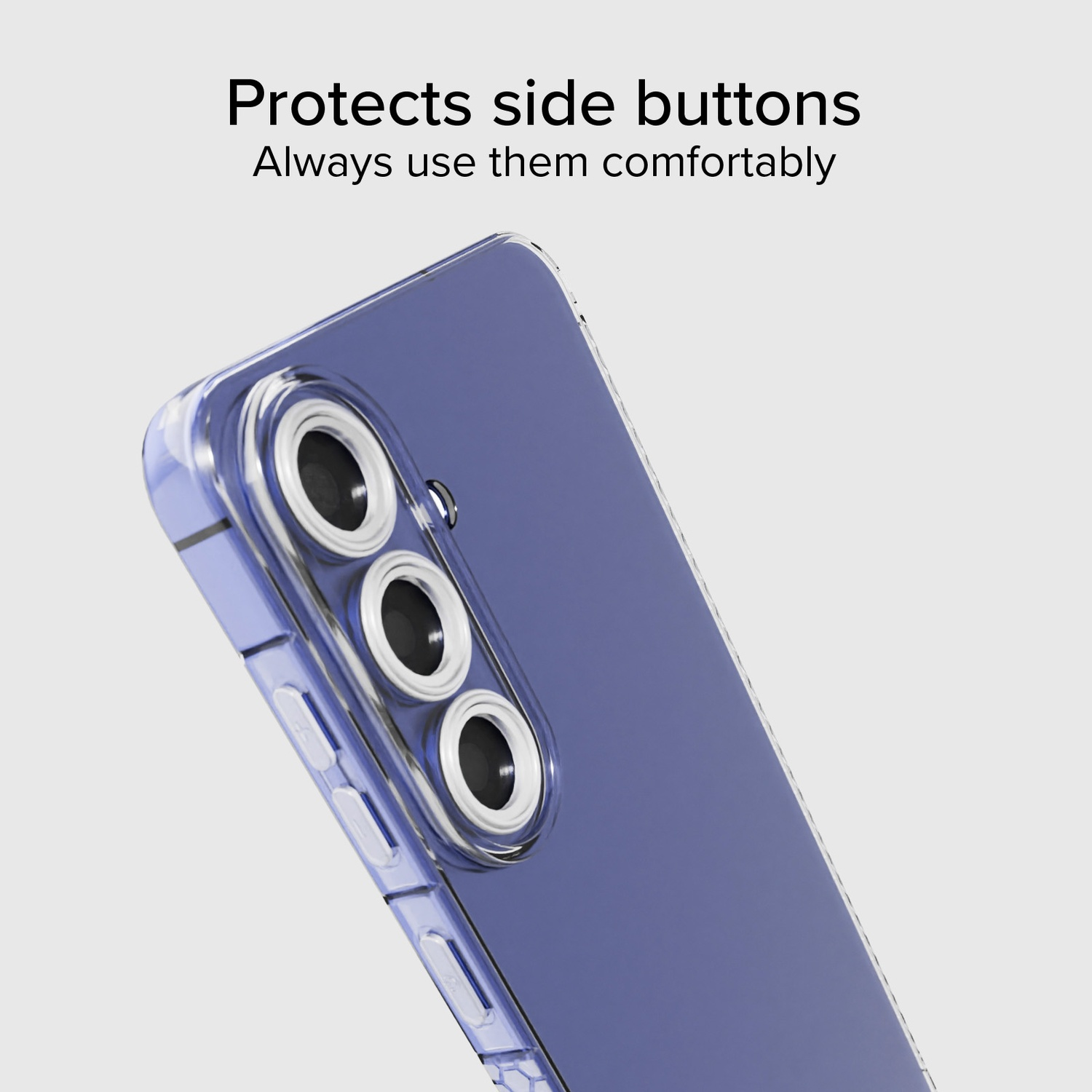 Une coque de téléphone transparente montre les boutons latéraux et les objectifs de l'appareil photo. Le texte dit: Protège les boutons latéraux.