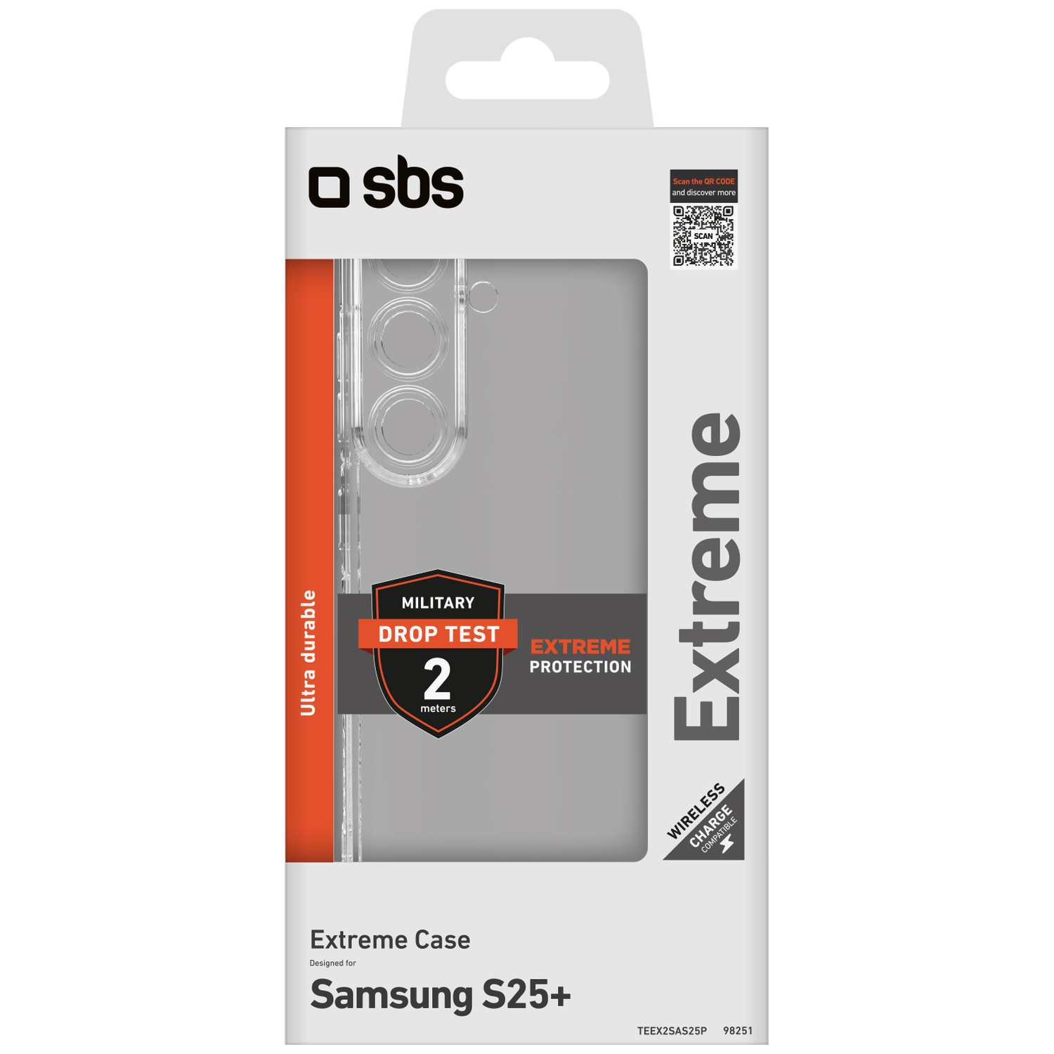 Coque transparente pour Samsung S25+ dans une boîte. Il est écrit 'Extreme' et 'Drop Test 2 mètres'.