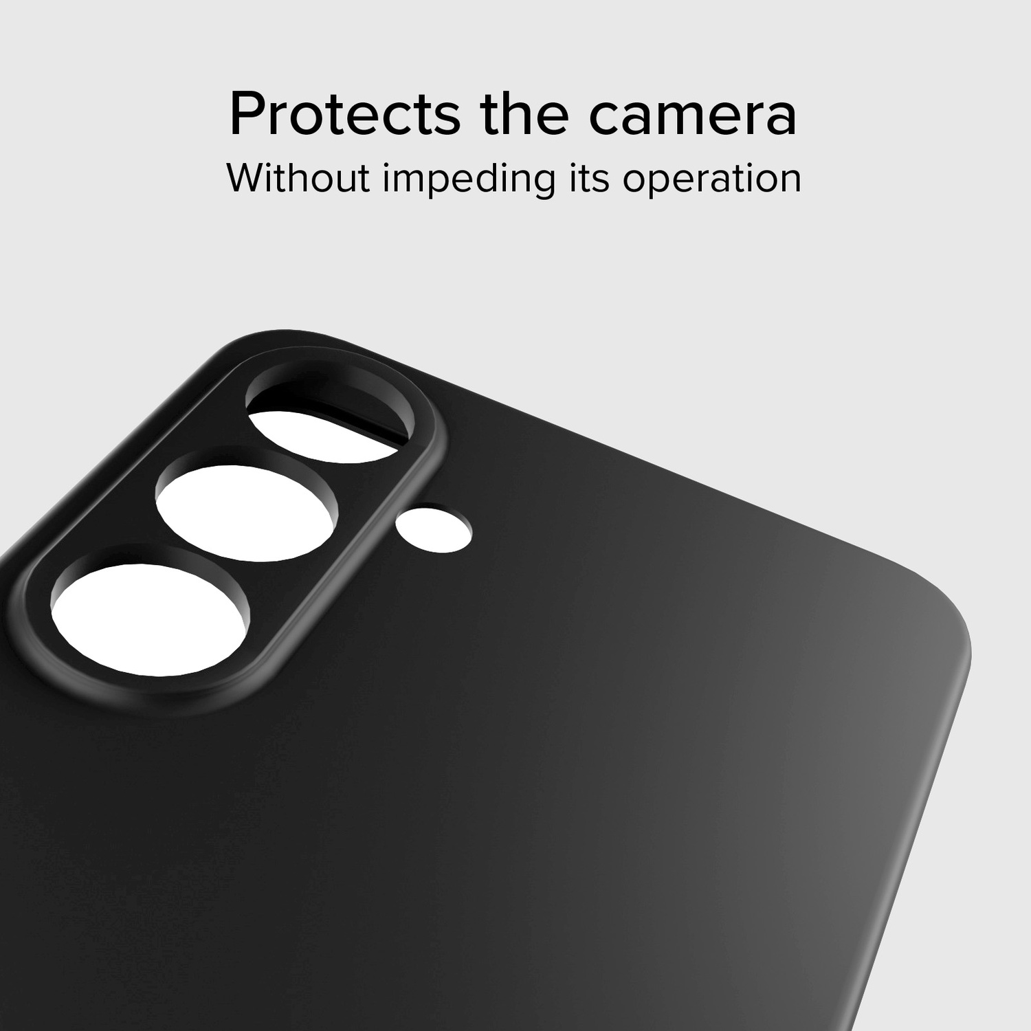 Zwarte telefoonhoes met camera-uitsparingen. Tekst: 'Beschermt de camera zonder de werking te belemmeren' op witte achtergrond.