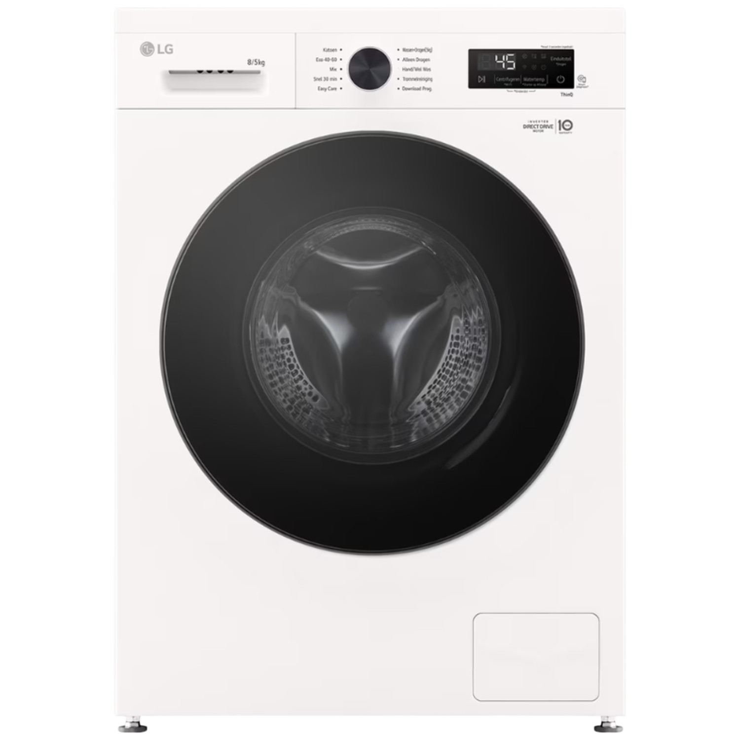 Une machine à laver LG blanche avec une porte noire. Elle affiche 45 minutes et diverses options de programme.