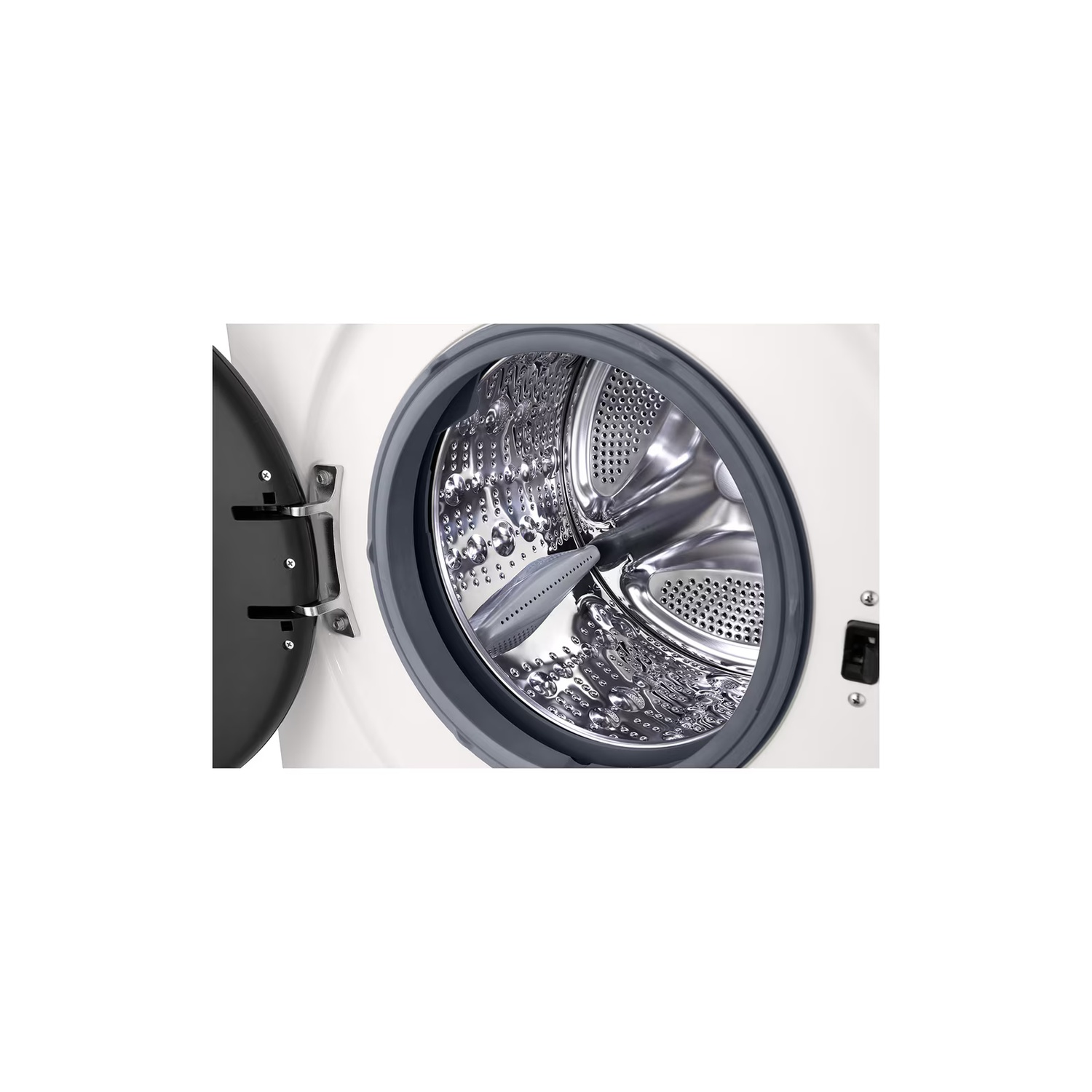 Porte de machine à laver ouverte. L'intérieur montre un tambour en acier avec perforations. Joint gris foncé. Extérieur blanc et porte noire.