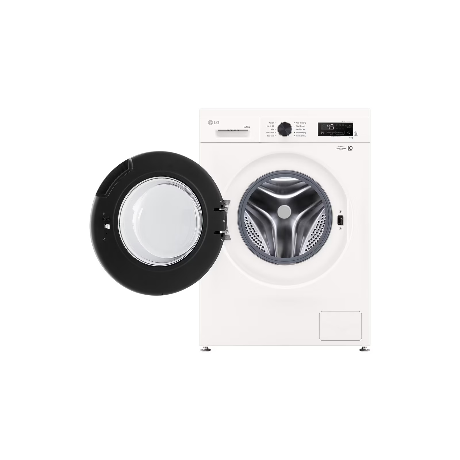 Un lave-linge LG blanc avec une porte noire ouverte. L'écran affiche 45 minutes. Divers cycles de lavage sont listés à gauche.