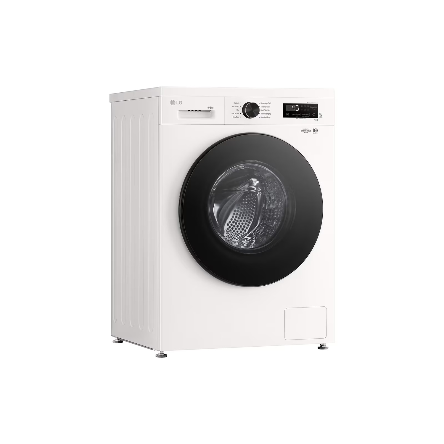 Un lave-linge LG blanc avec une porte noire. Il possède un écran numérique et divers boutons. Le fond est blanc.