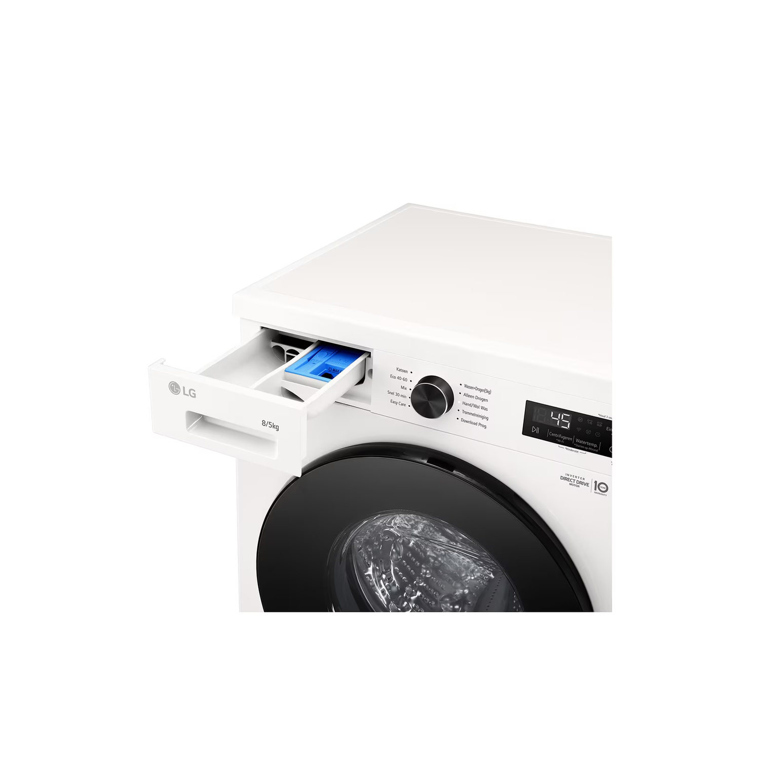 Une machine à laver LG blanche avec un tiroir à détergent ouvert. La machine a une porte noire et un affichage numérique.