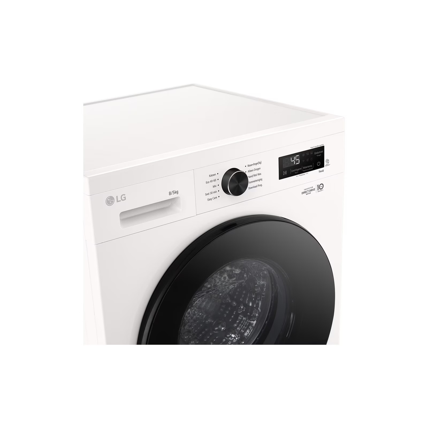 Un lave-linge LG blanc avec une porte noire. Il possède un affichage numérique indiquant 45 minutes et diverses options.