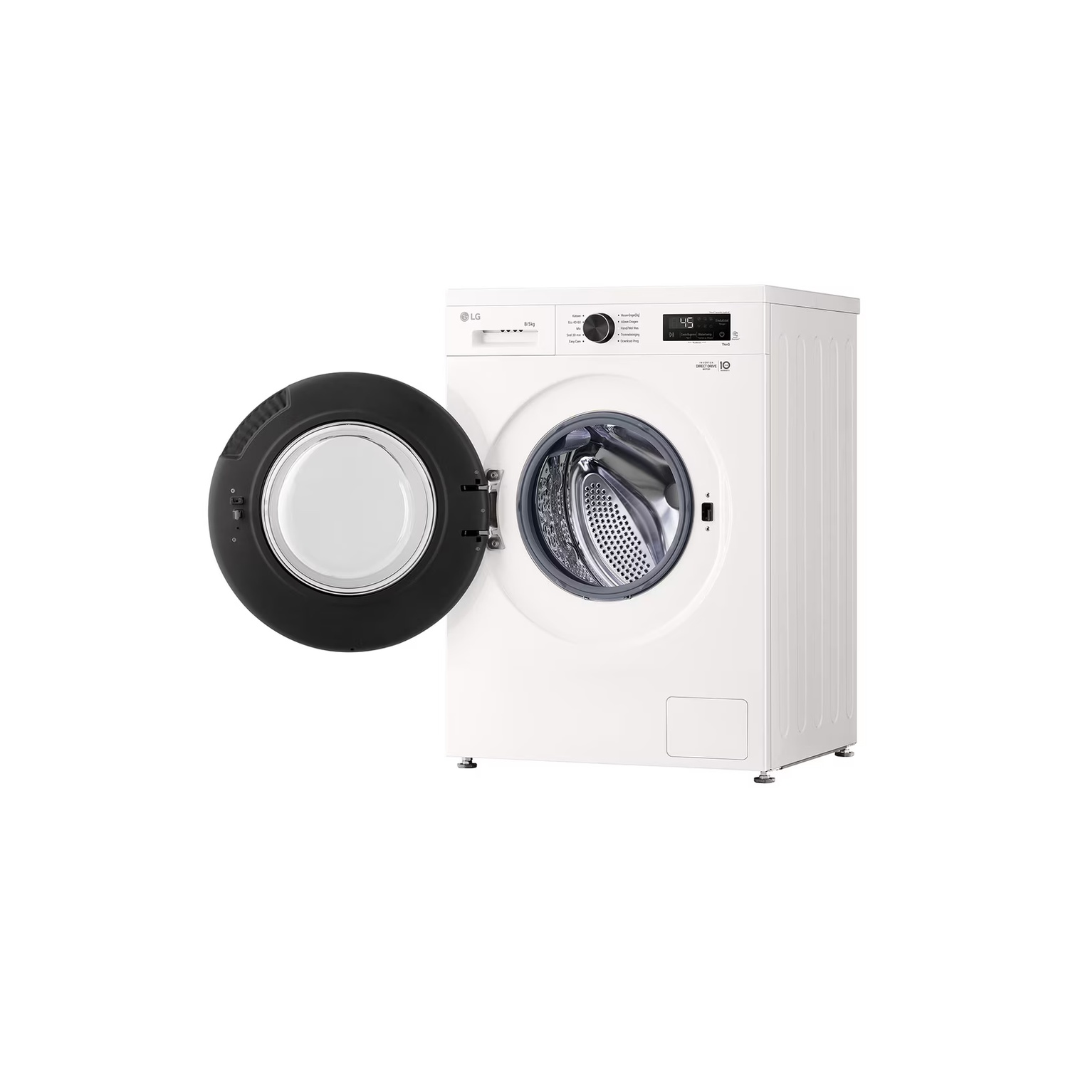 Une machine à laver LG blanche avec une porte noire ouverte. L'écran affiche 45. La machine est sur fond blanc.