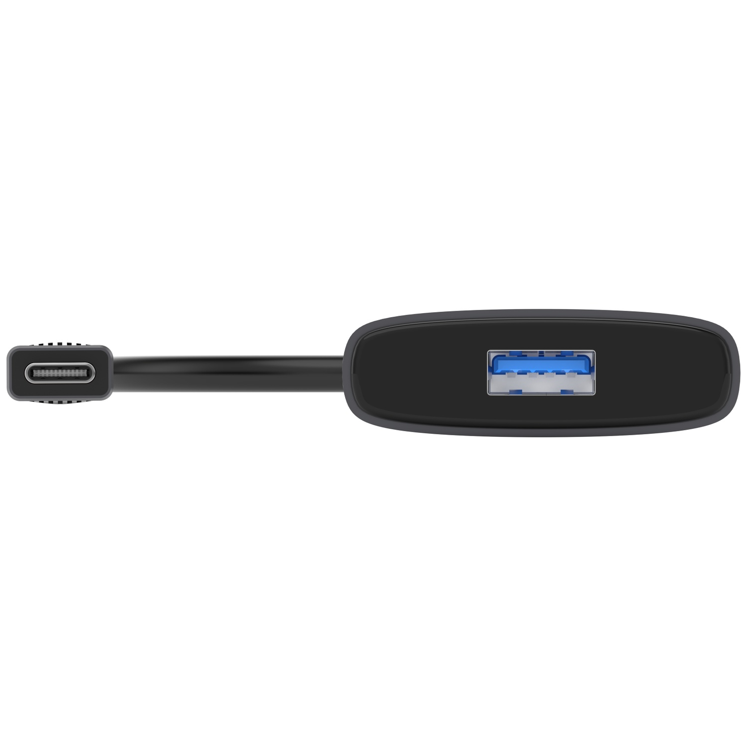 Un hub USB noir avec un port USB-C et USB-A est centré sur un fond blanc.