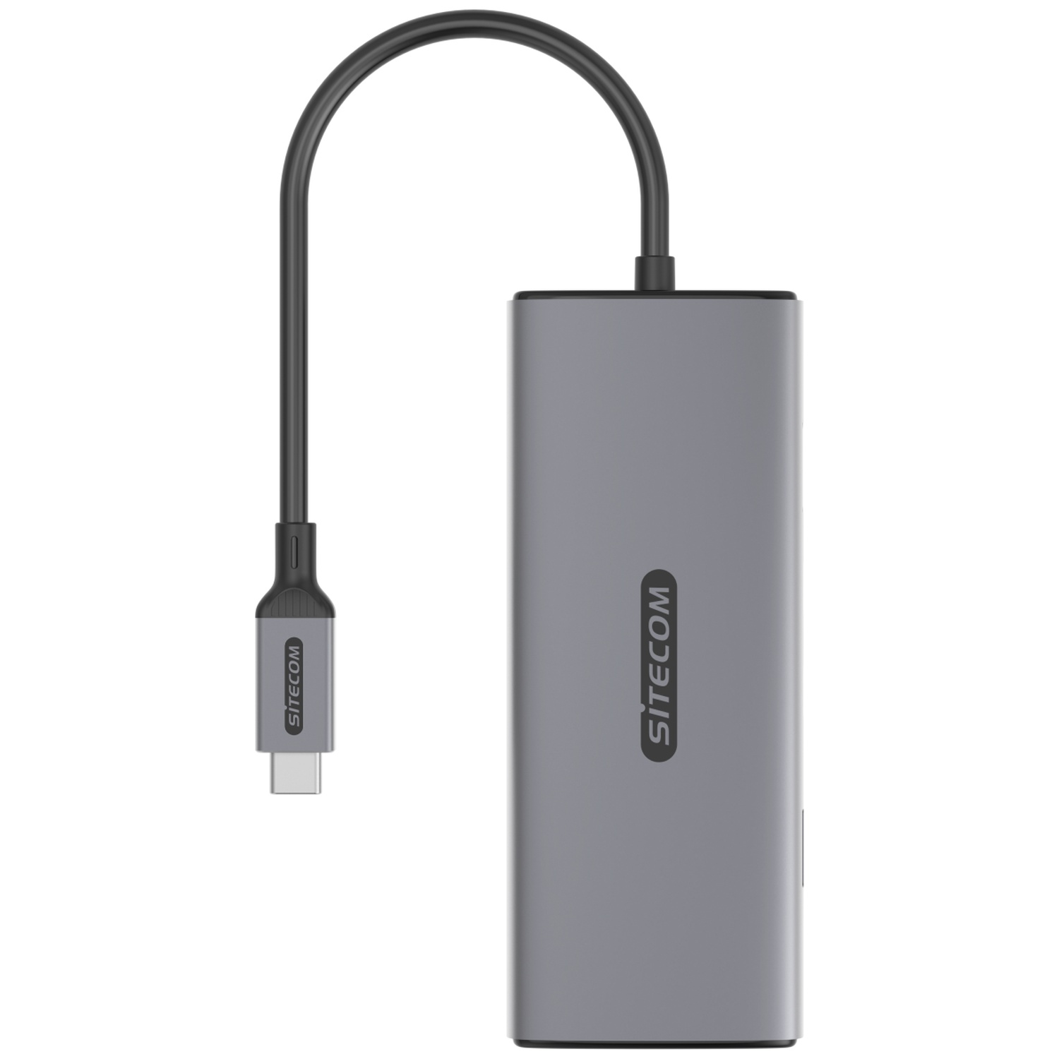 Un hub USB-C SITECOM gris avec un câble noir. Le hub est rectangulaire. Le câble se connecte à une pièce rectangulaire plus petite.