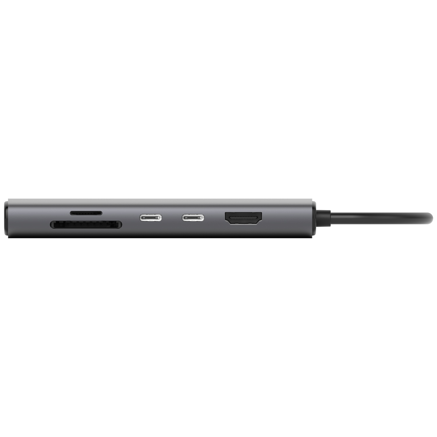 Un hub USB-C gris avec plusieurs ports : lecteur de carte SD, ports USB-C, port HDMI et un câble noir s'étendant à droite.