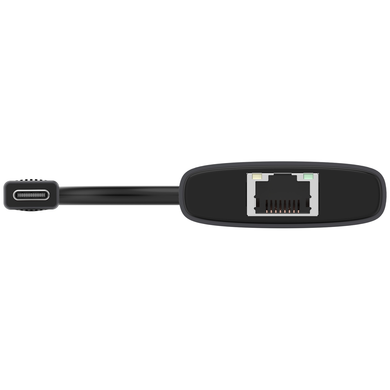 Un adaptateur USB-C vers Ethernet noir. Il possède un connecteur USB-C à une extrémité et un port Ethernet à l'autre.