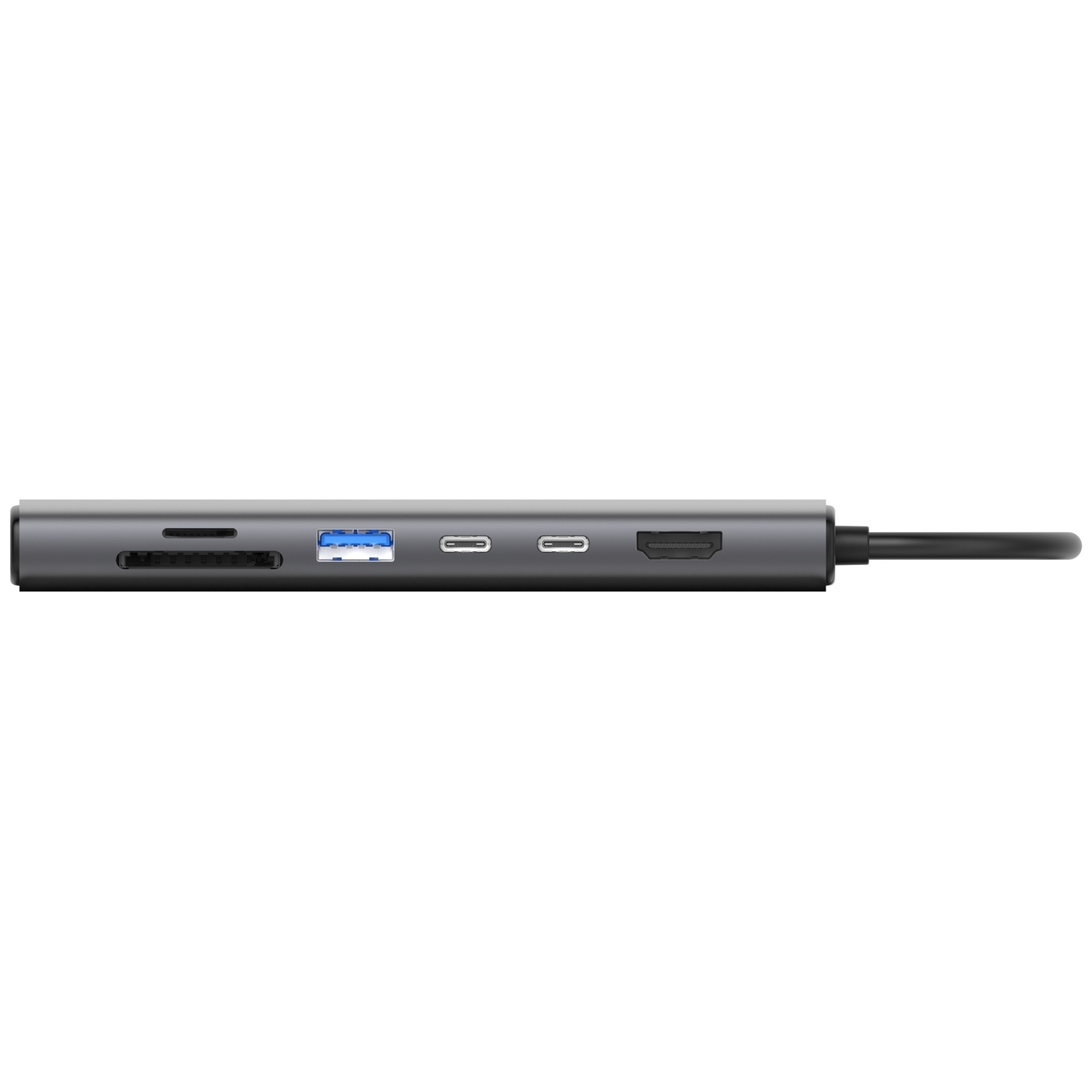 Un hub USB gris avec plusieurs ports : SD, USB 3.0, USB-C et HDMI. Un câble noir part du hub. Fond blanc.