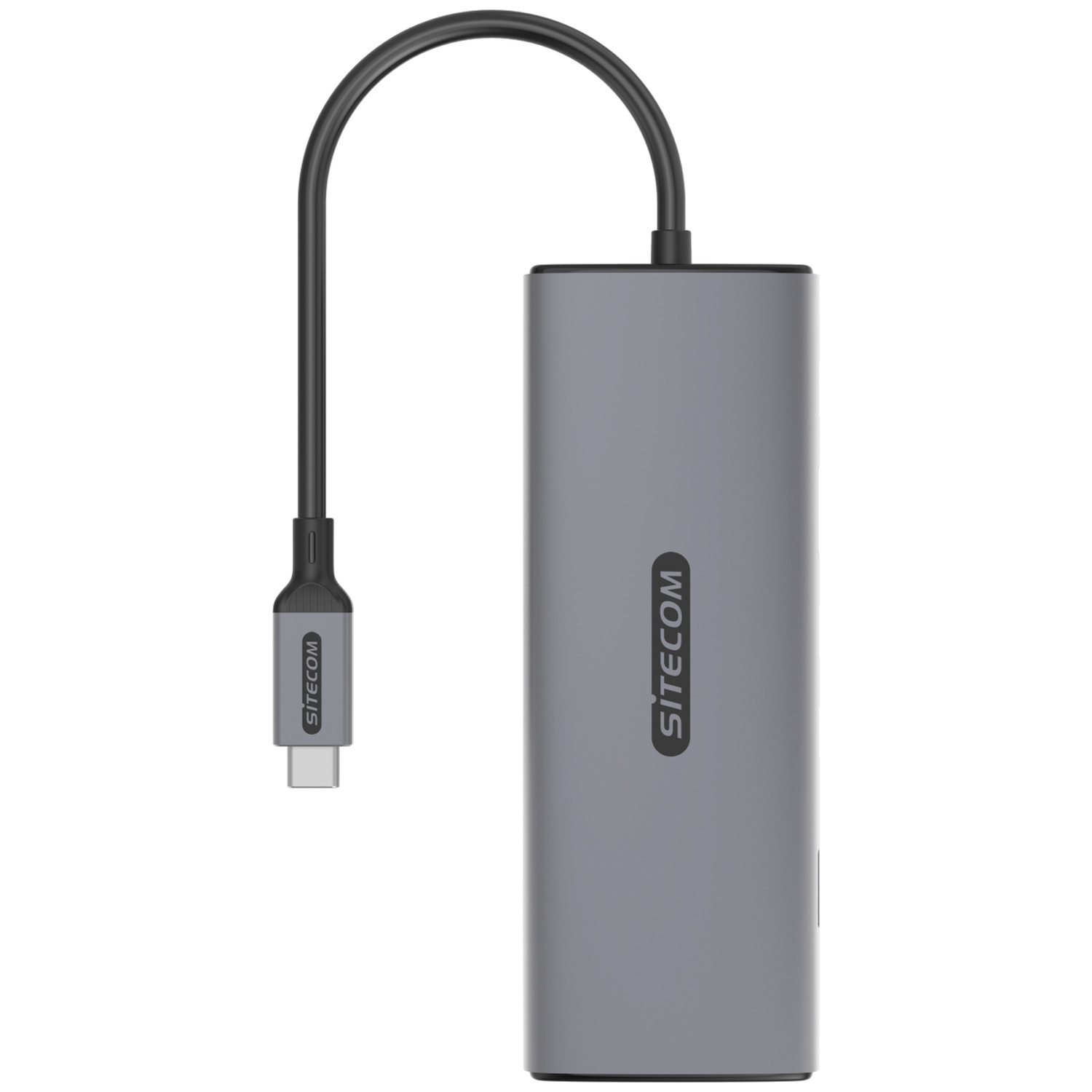 Un adaptateur SITECOM gris avec un connecteur USB-C fixé à un câble noir. Il est sur fond blanc. L'adaptateur porte l'inscription SITECOM.