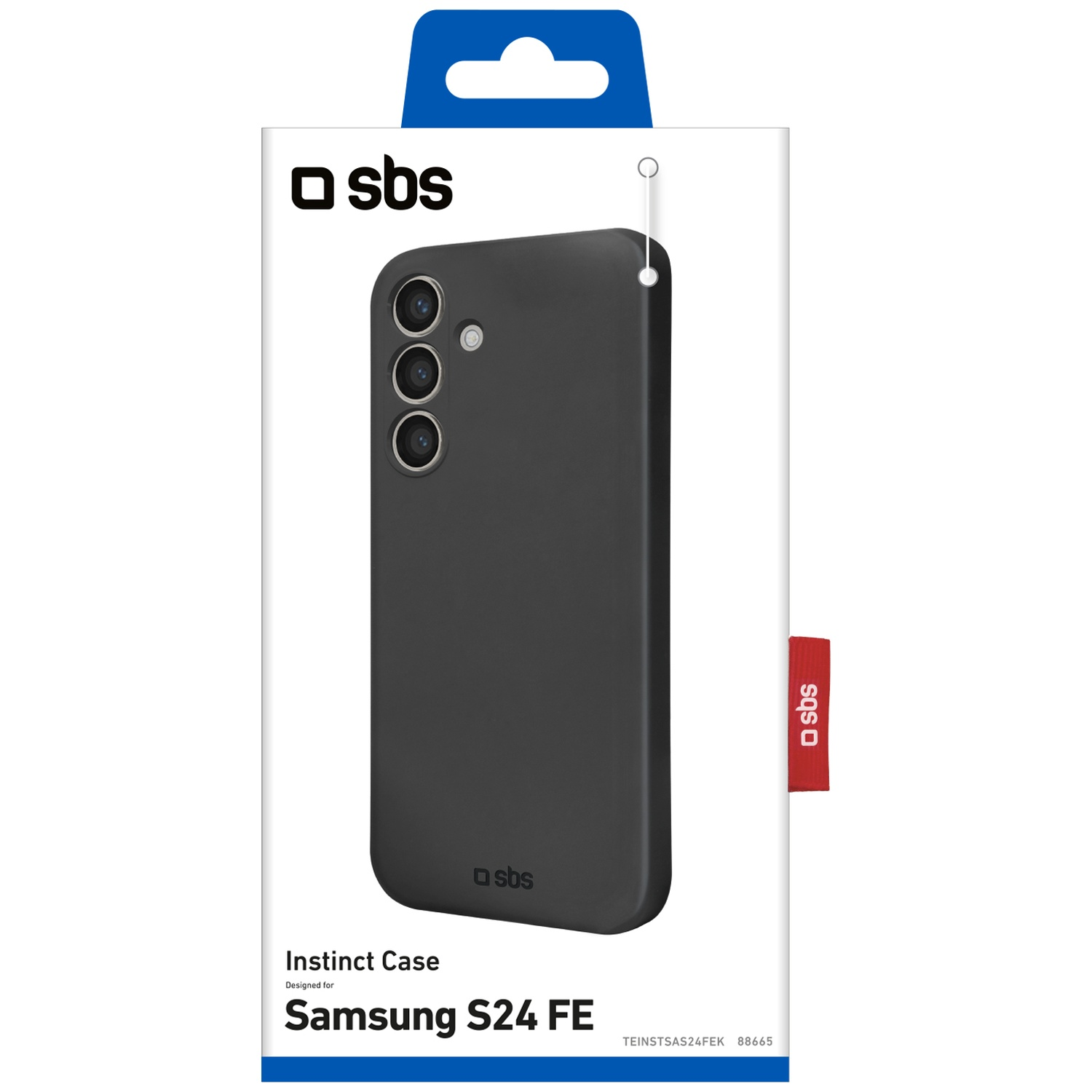 Een zwarte telefoonhoes voor een Samsung S24 FE in een witte doos met het SBS-logo. De doos heeft een rood label.