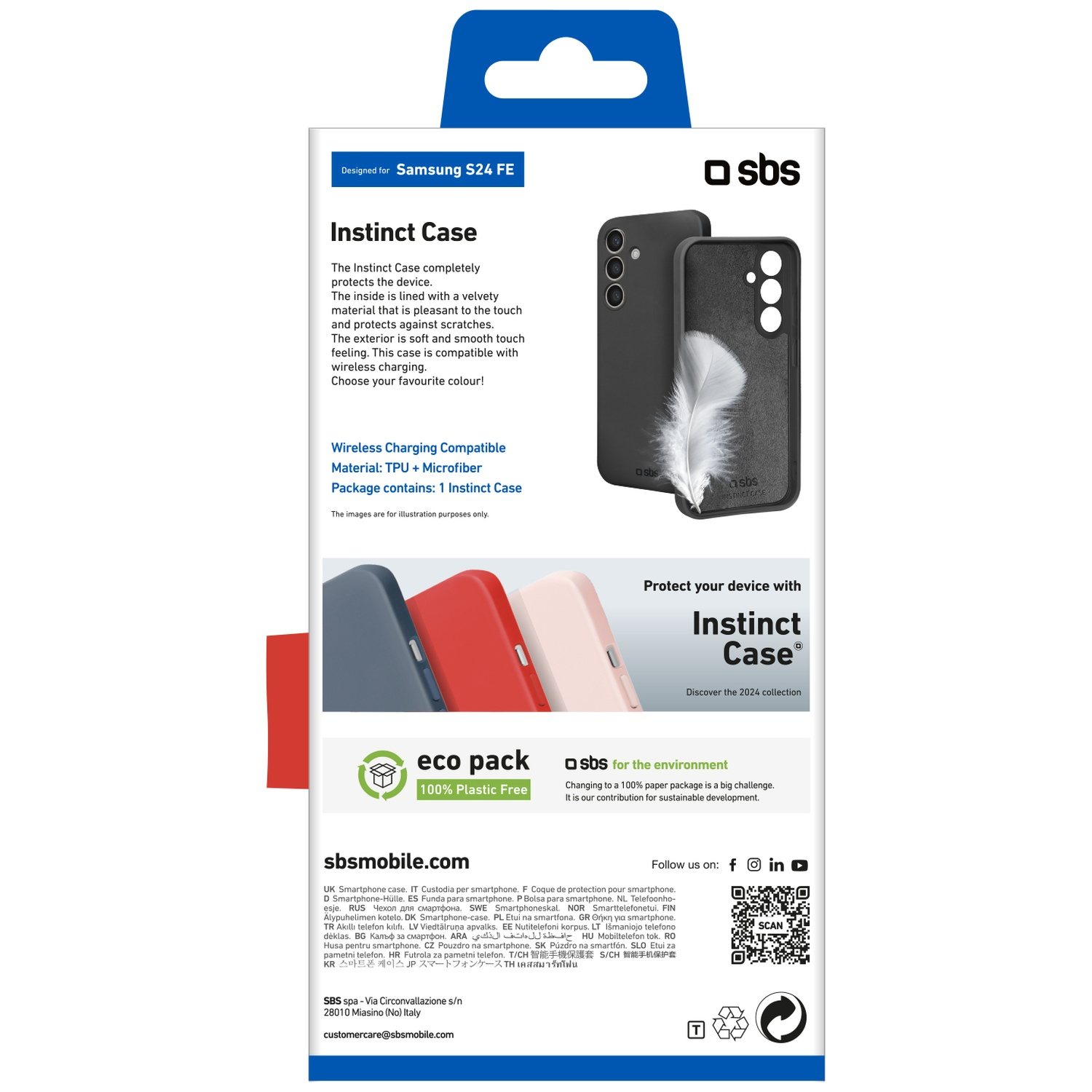 Doos voor Samsung S24 FE-hoesje. Toont een hoesje met een veer. De tekst beschrijft het product.