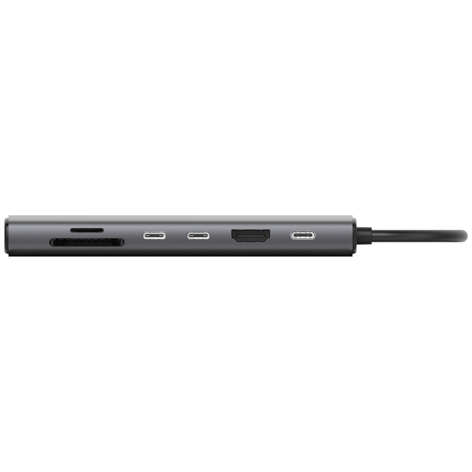 Un hub USB-C gris avec plusieurs ports, dont lecteur de carte, USB-C, HDMI et un câble noir vers la droite.
