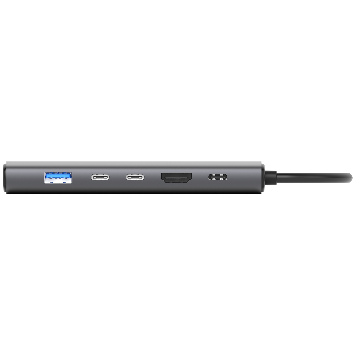 Un hub USB gris avec plusieurs ports : USB-A, USB-C, HDMI et autres. Un câble noir part de l'extrémité.