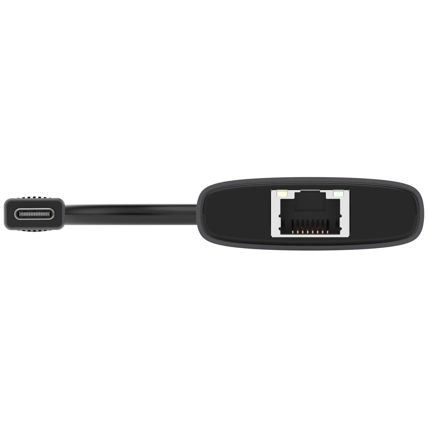 Un adaptateur Ethernet noir avec port USB-C. L'adaptateur possède un port Ethernet et un connecteur USB-C à chaque extrémité.