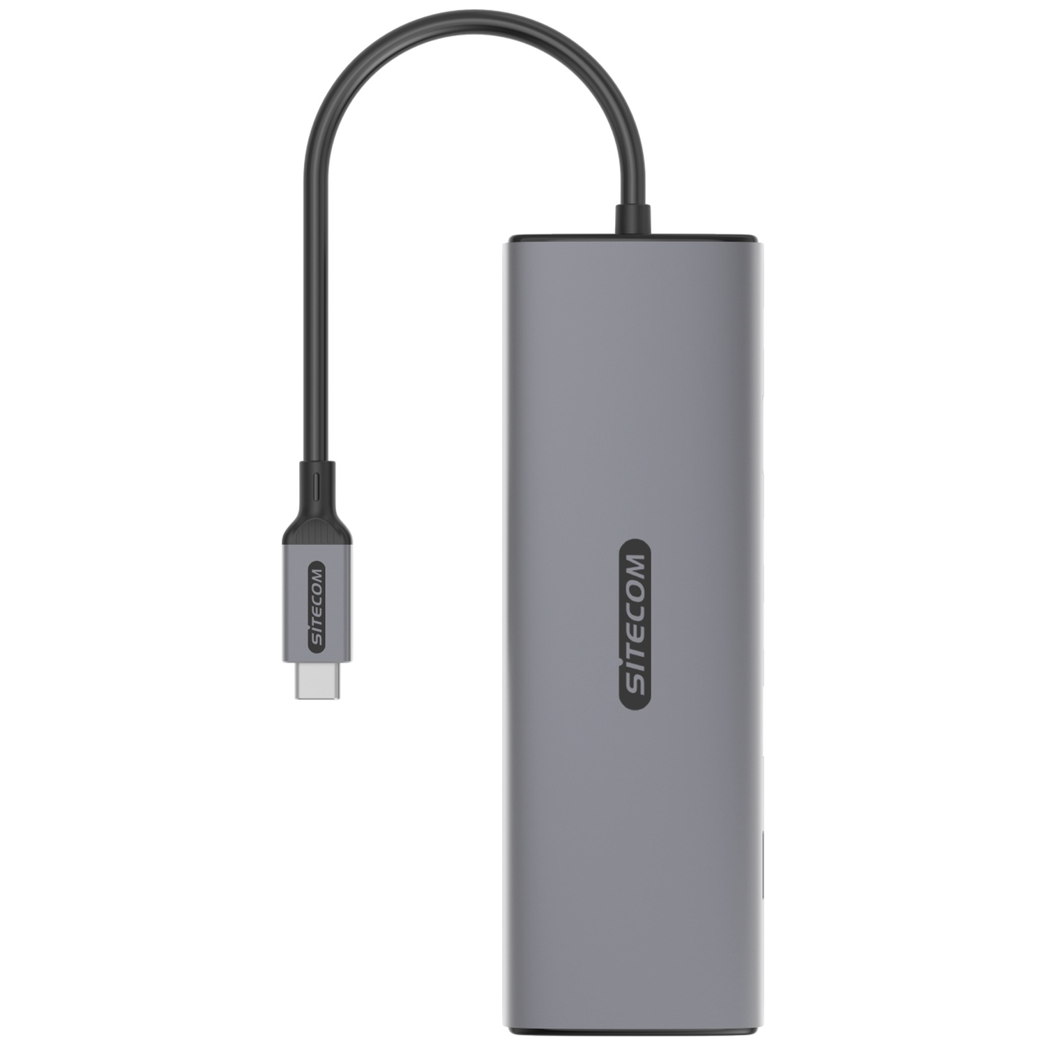 Un hub USB-C SITECOM gris. Il a un corps cylindrique gris et un câble noir avec un connecteur USB-C. Le logo est visible.
