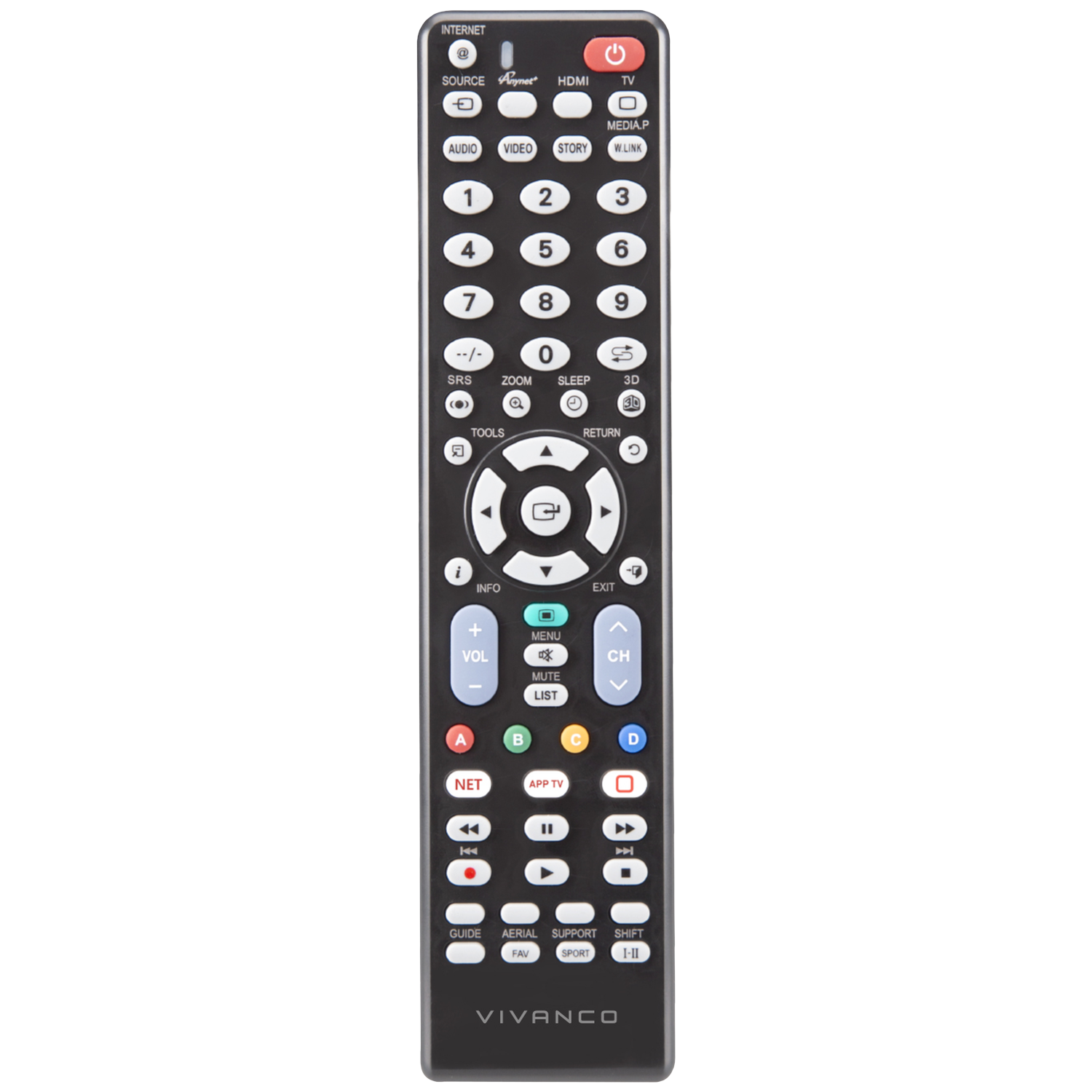 Une télécommande Vivanco noire avec des boutons pour internet, le volume, les chaînes et les chiffres 0-9 sur fond blanc.