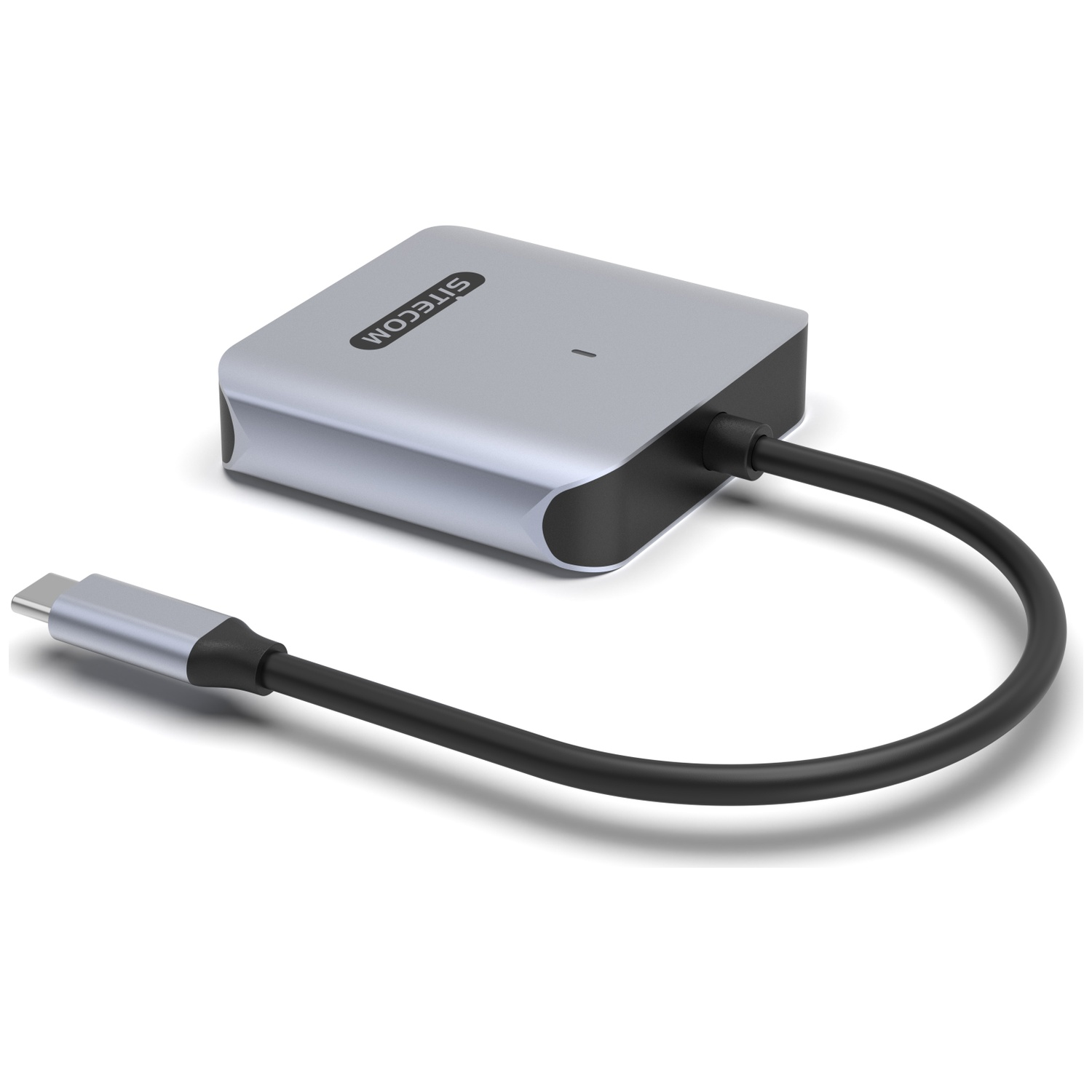 A silver Sitecom adapter with a black cable and a USB-C connector on a white background.