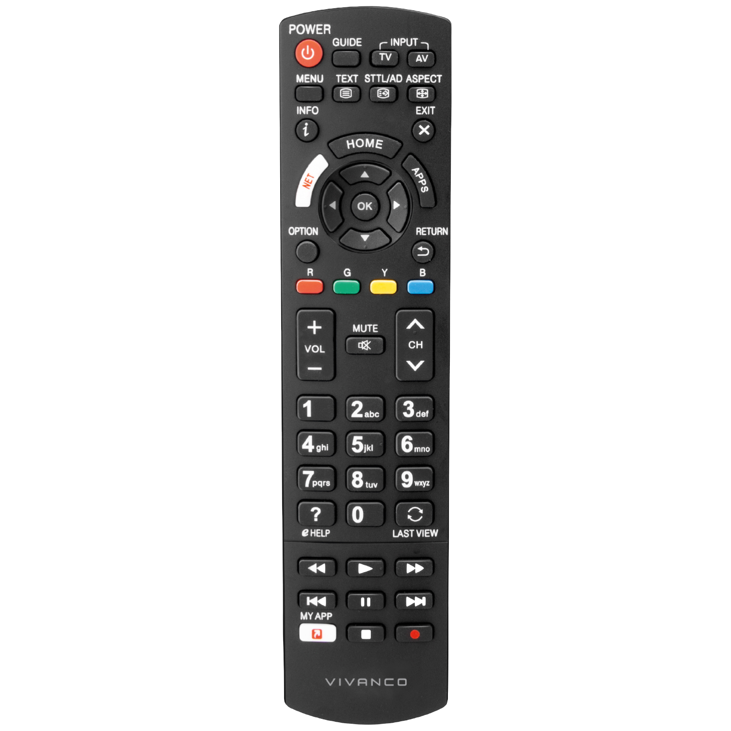 Une télécommande de téléviseur Vivanco noire avec plusieurs boutons pour l'alimentation, le volume, la chaîne, le menu et les touches numériques.