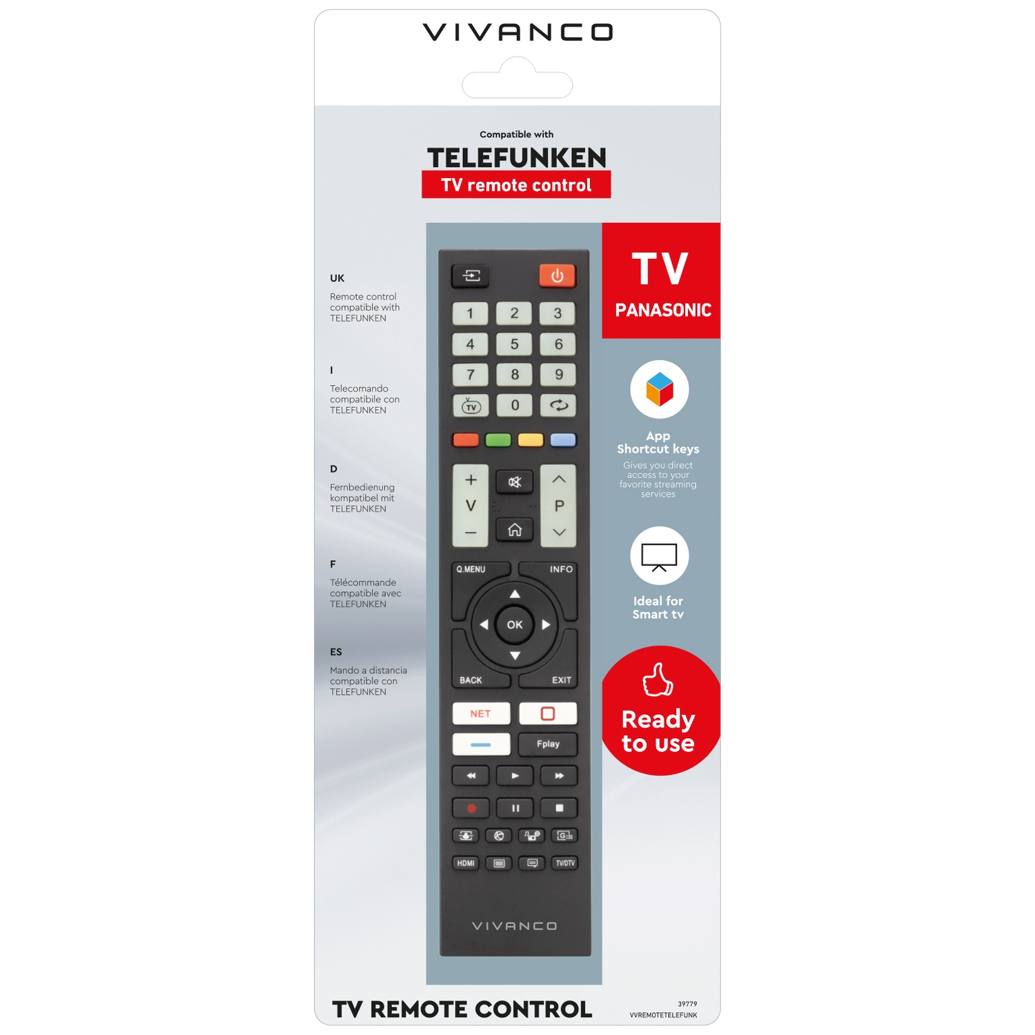 A black remote control for Telefunken TV. It has many buttons, including number keys and volume controls. It is ready to use.