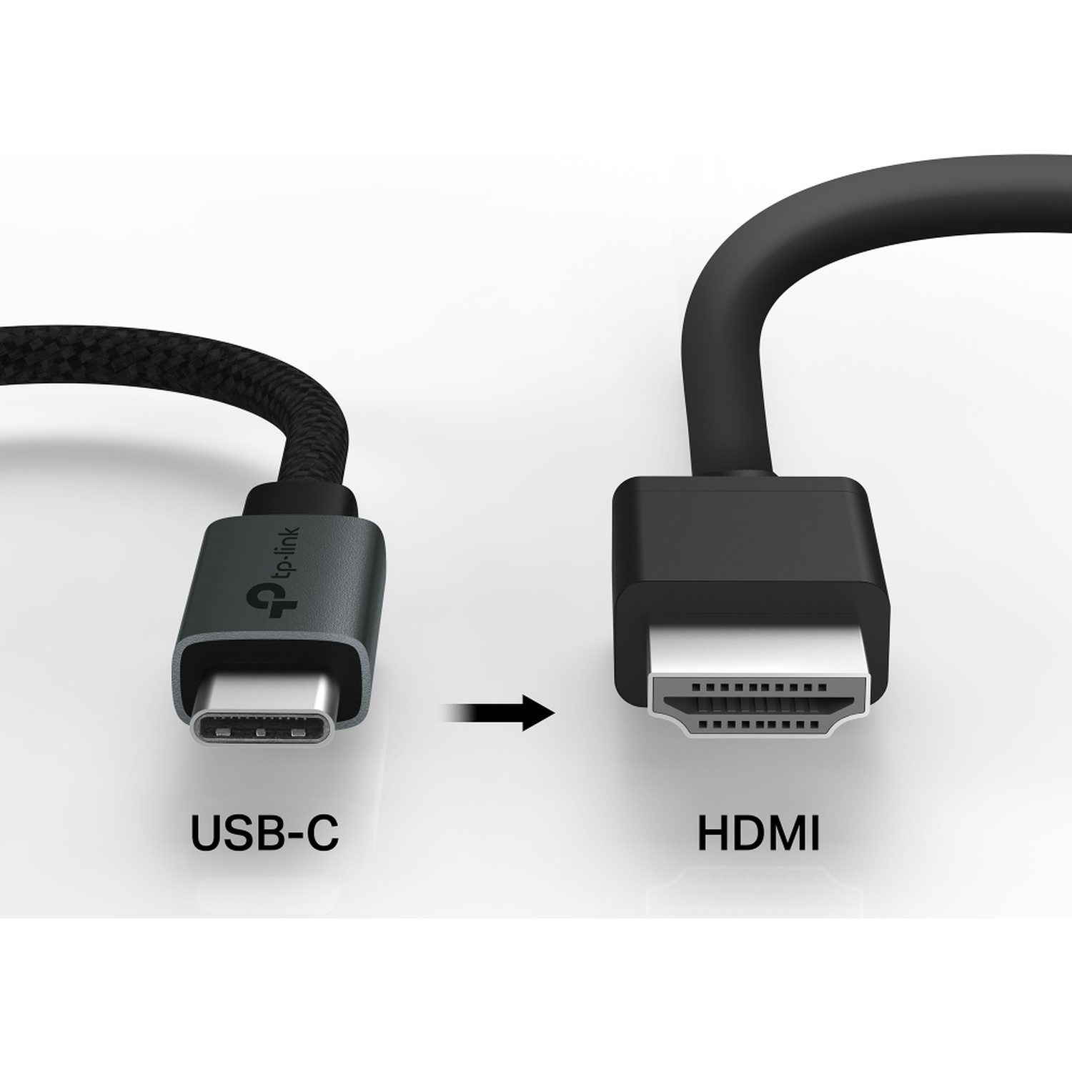 L'image montre un câble USB-C vers HDMI. L'extrémité USB-C est grise, l'extrémité HDMI est noire. Une flèche indique la connexion.