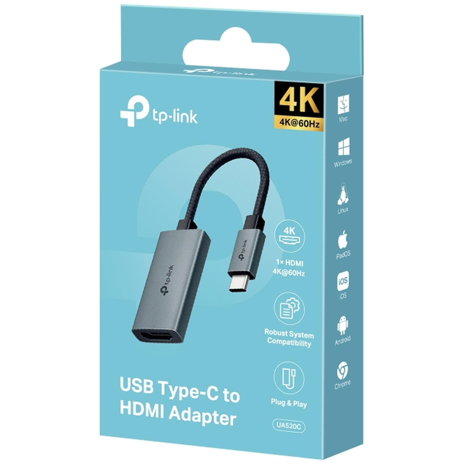 Un adaptateur TP-Link USB Type-C vers HDMI dans une boîte bleue. Prend en charge la 4K à 60 Hz. Compatibilité avec divers systèmes d'exploitation.