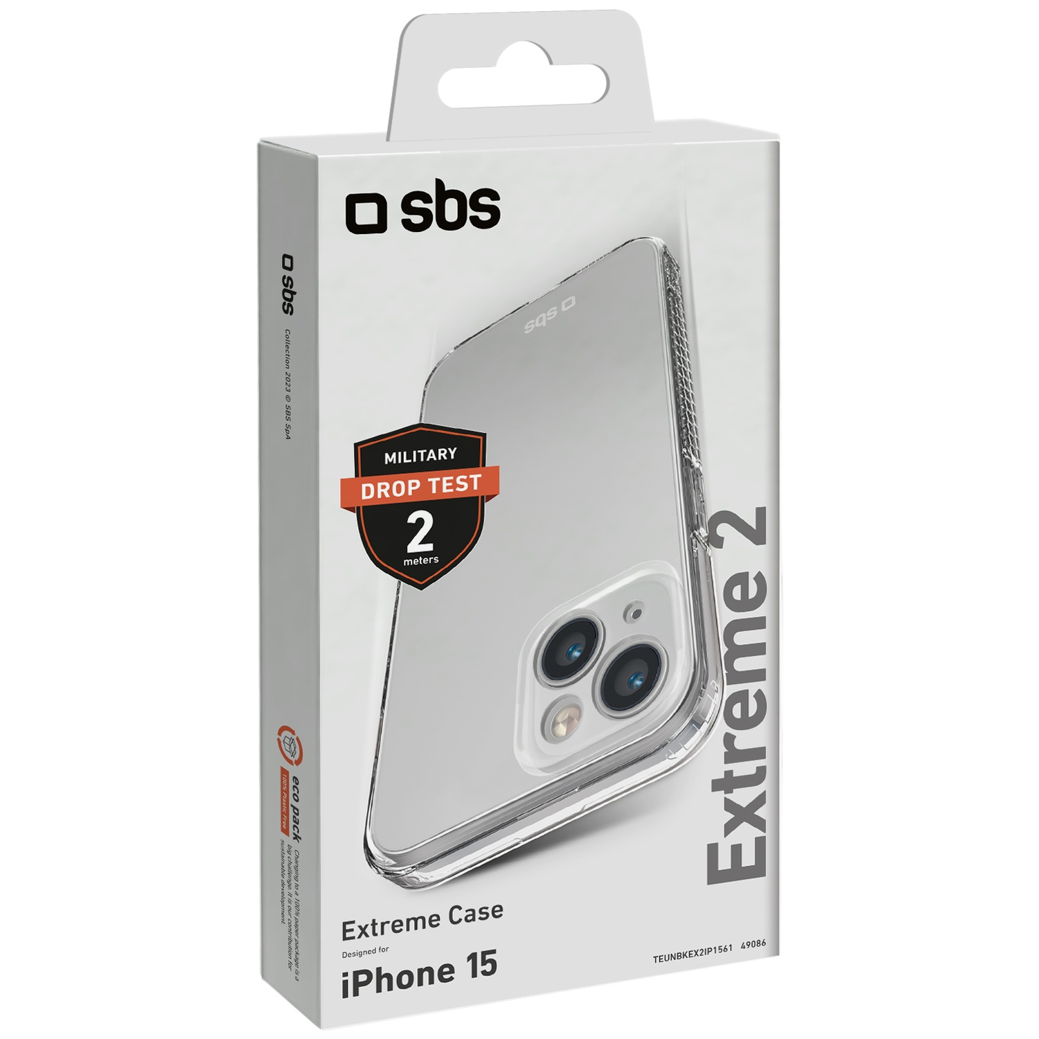 A phone case box with a clear case inside. It says 'Extreme 2' and 'iPhone 15'. The box is white with the 'sbs' logo.