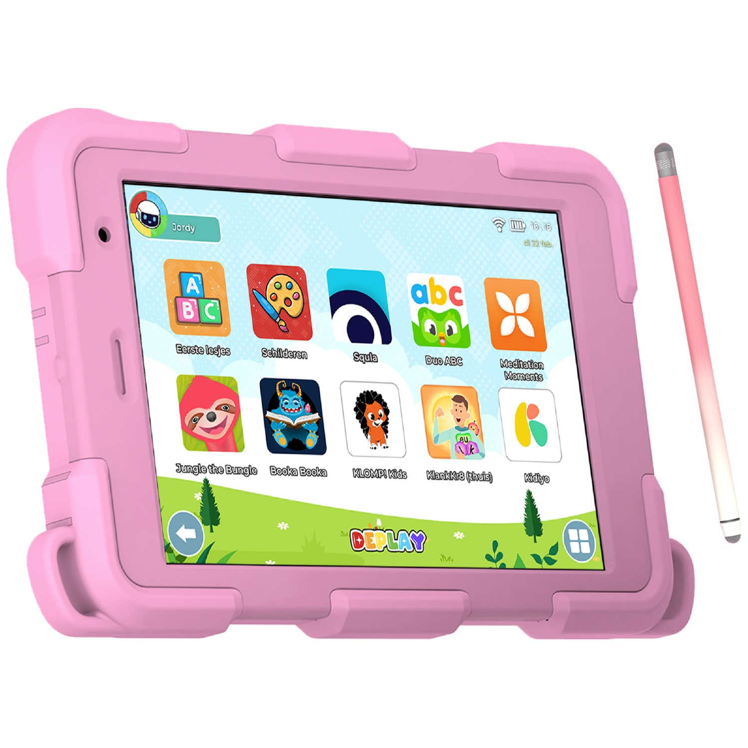 Pink tablet with several colorful app icons. A pink stylus is on the right. The tablet is in a pink case.
