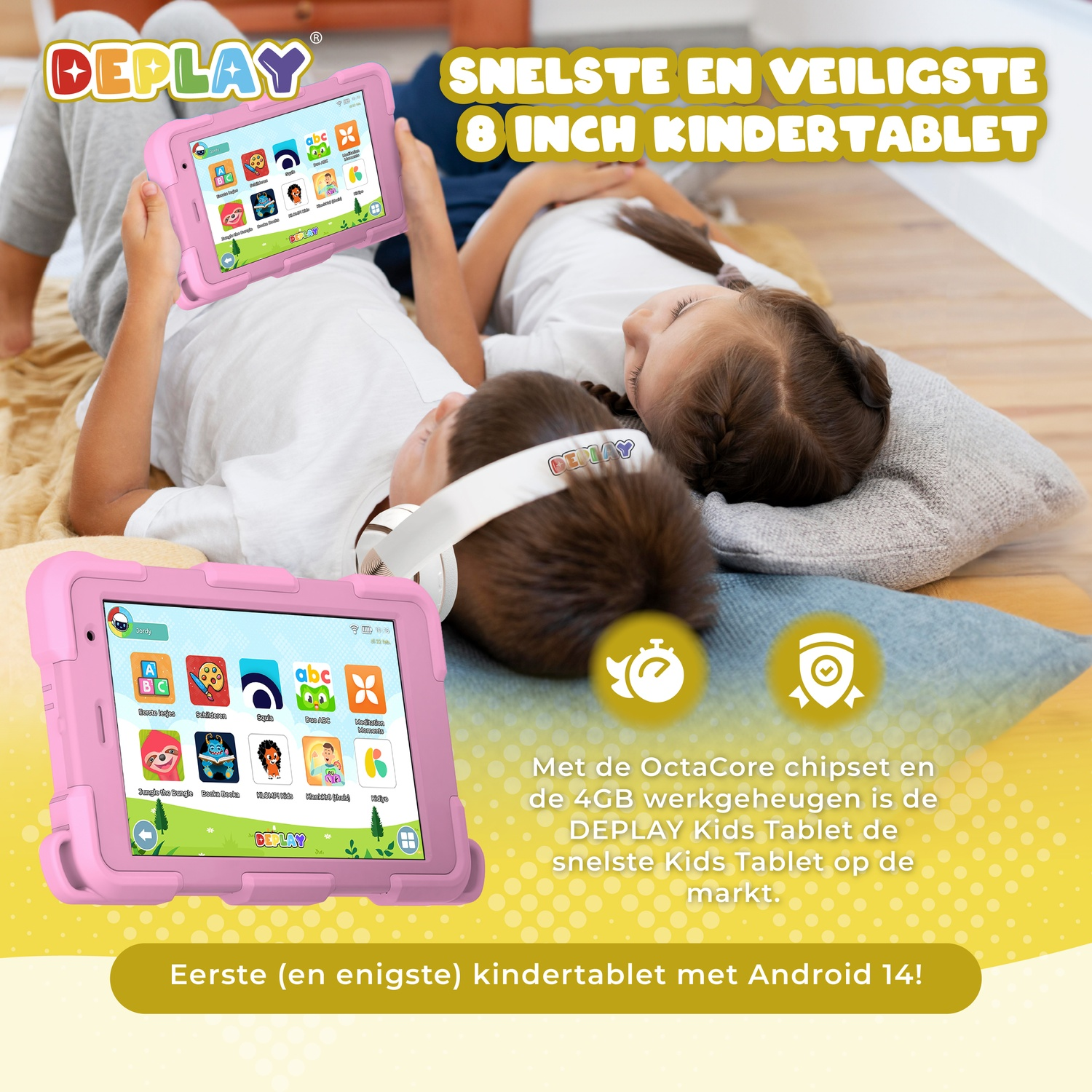 Two children holding pink tablets. The tablets display colorful apps. Text on the tablet says 'DEPLAY' and 'SNELSTE EN VEILIGSTE'.