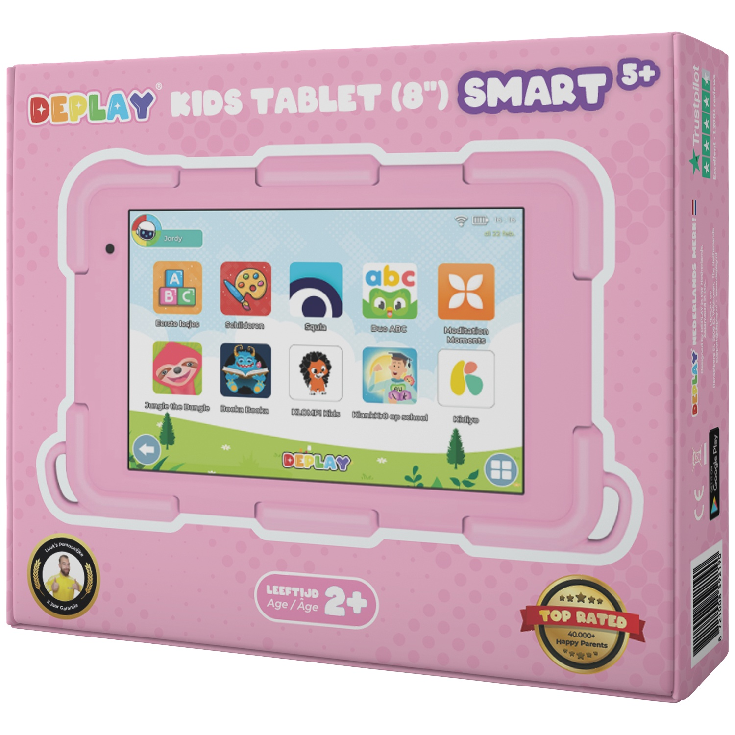 Pink Deplay Kids Tablet box with tablet image. Features ABC, drawing, and other apps. Age 2+.