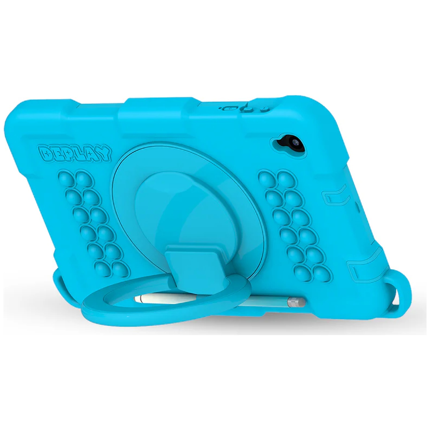 A turquoise tablet case with a ring stand. The case has raised dots, a camera, and a pencil holder. The background is white.