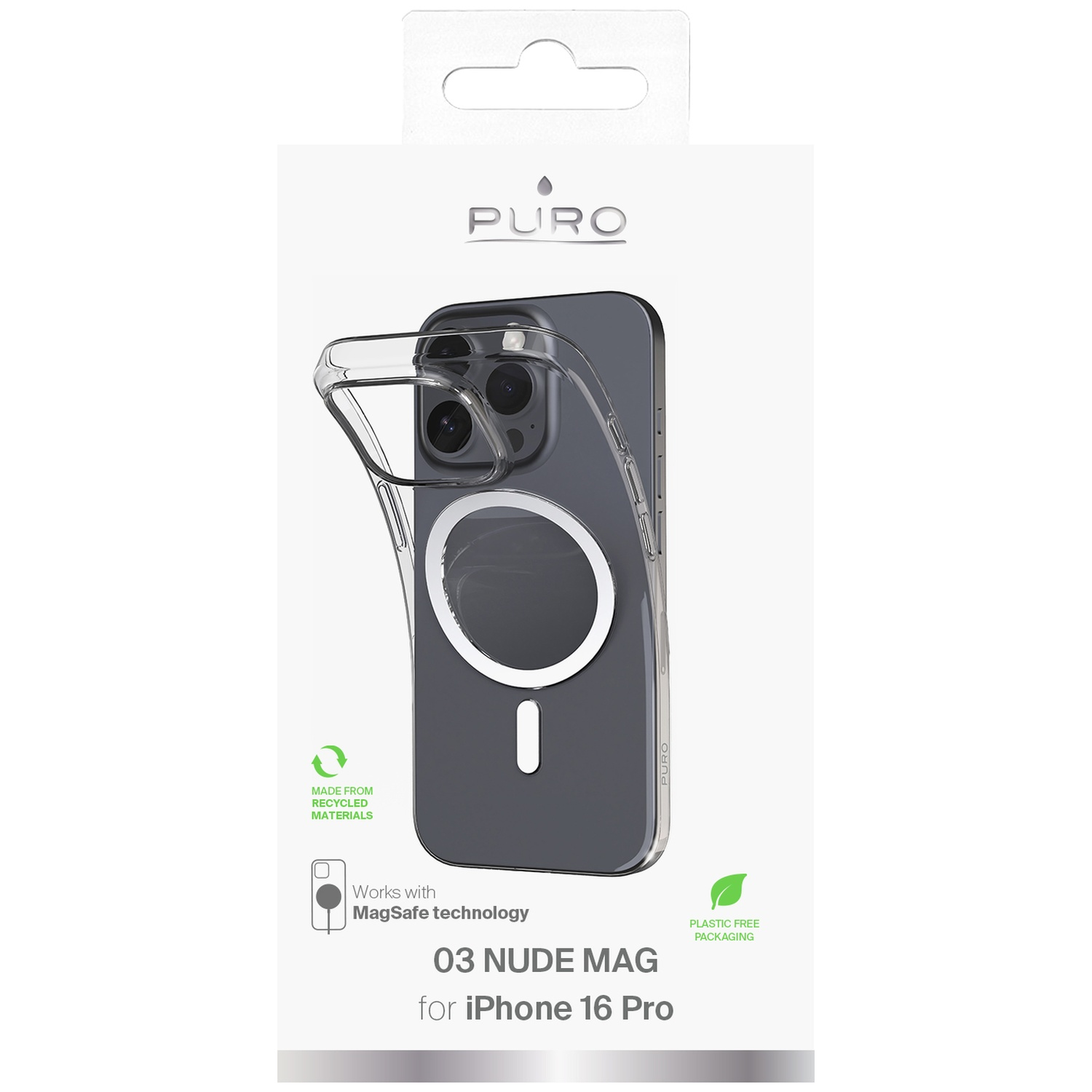 Een telefoonhoesje voor iPhone 16 Pro, in verpakking. De hoes is transparant en heeft een MagSafe-ring. Tekst: 03 NUDE MAG, Gemaakt van gerecyclede materialen.