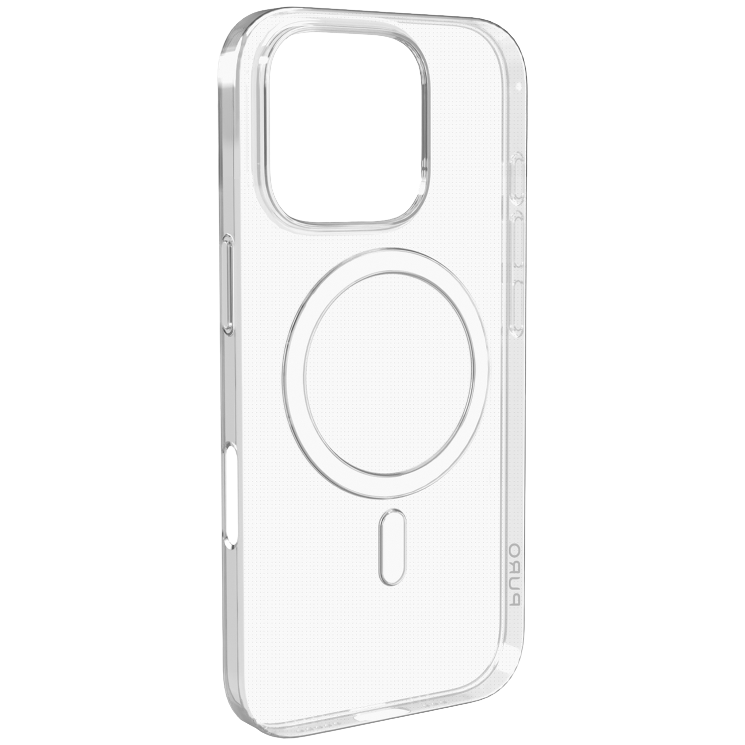 Un étui transparent pour iPhone est présenté. Il comporte des découpes pour l'appareil photo, les boutons et le port de chargement. Une fonction MagSafe circulaire est visible.