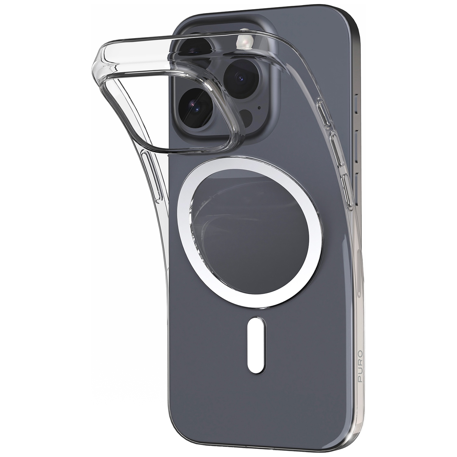 Une coque de téléphone transparente est sur un téléphone gris. La coque recouvre partiellement le téléphone, avec l'appareil photo et le cercle de charge visibles.