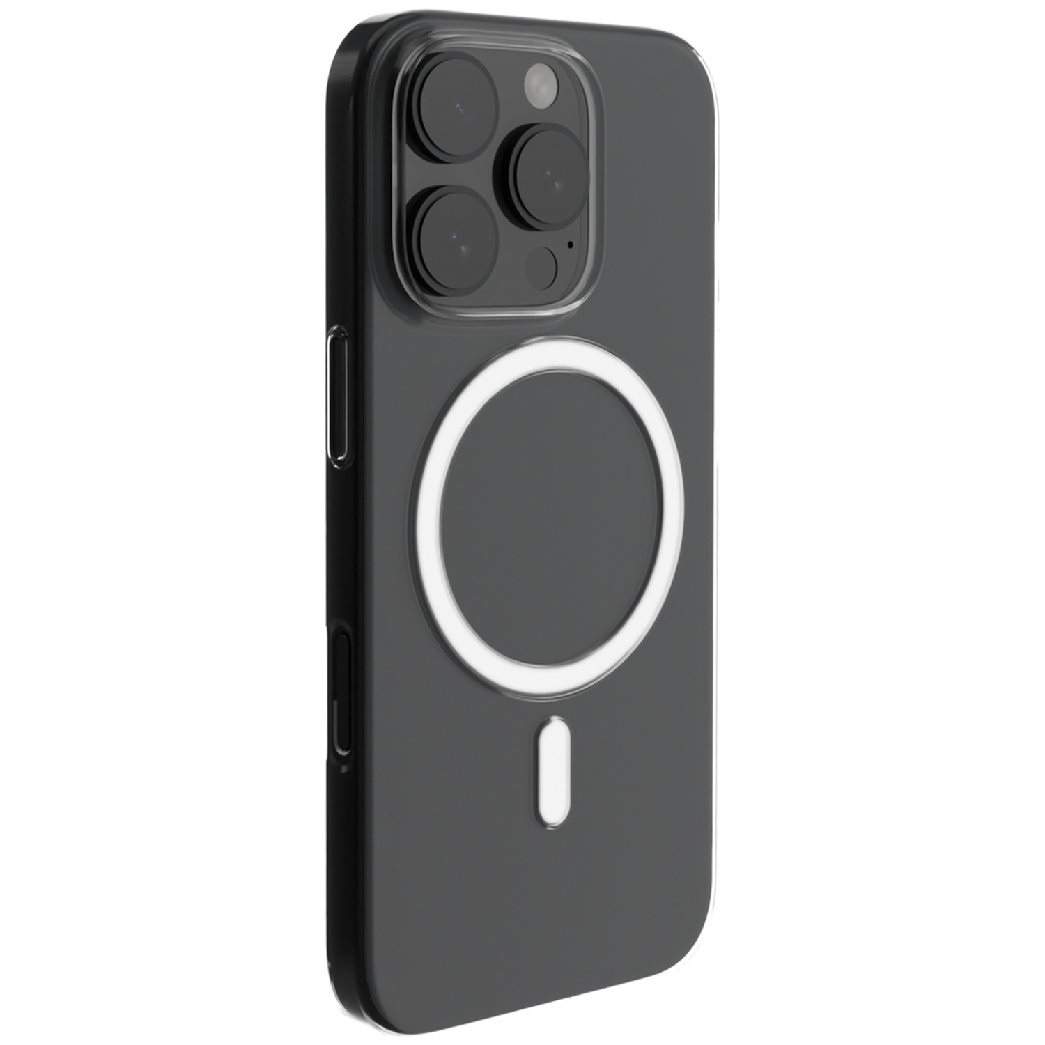 Une coque de téléphone gris foncé avec une bordure transparente. Elle a un cercle blanc et une ligne blanche. La coque a plusieurs lentilles.