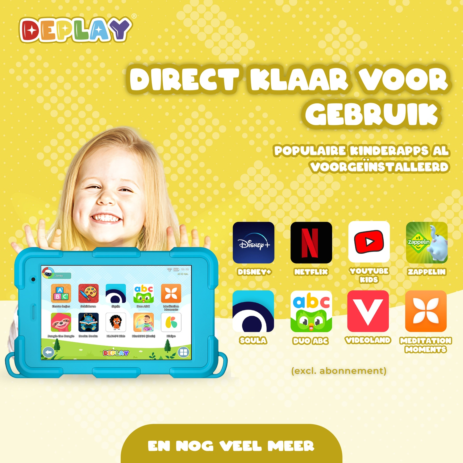 A girl smiles, holding a blue tablet with app icons. Text says 'Direct klaar voor gebruik'. Various app logos are visible.
