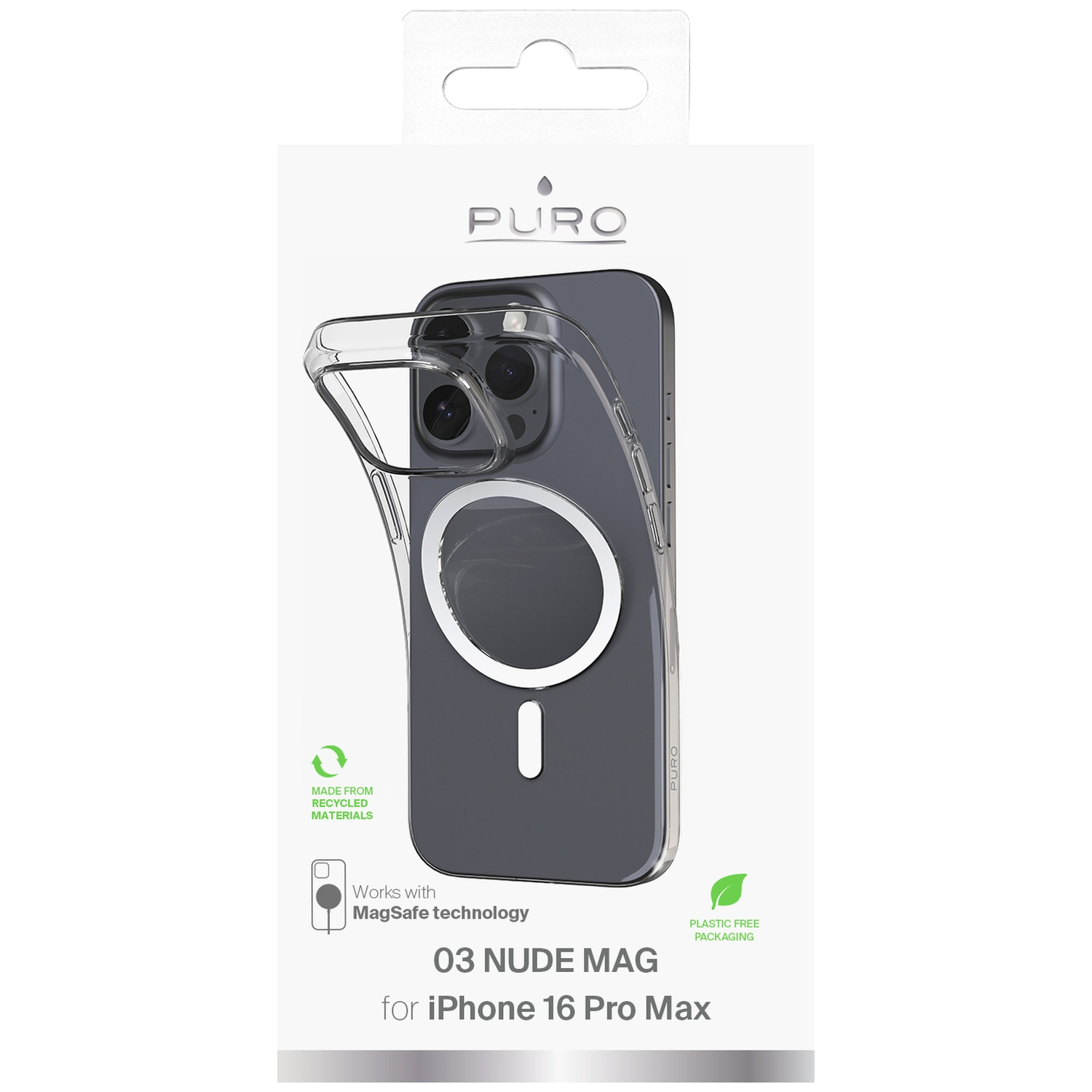 Une coque pour iPhone 16 Pro Max sur une boîte blanche. L'étui est transparent, révélant le dos du téléphone et la technologie MagSafe.