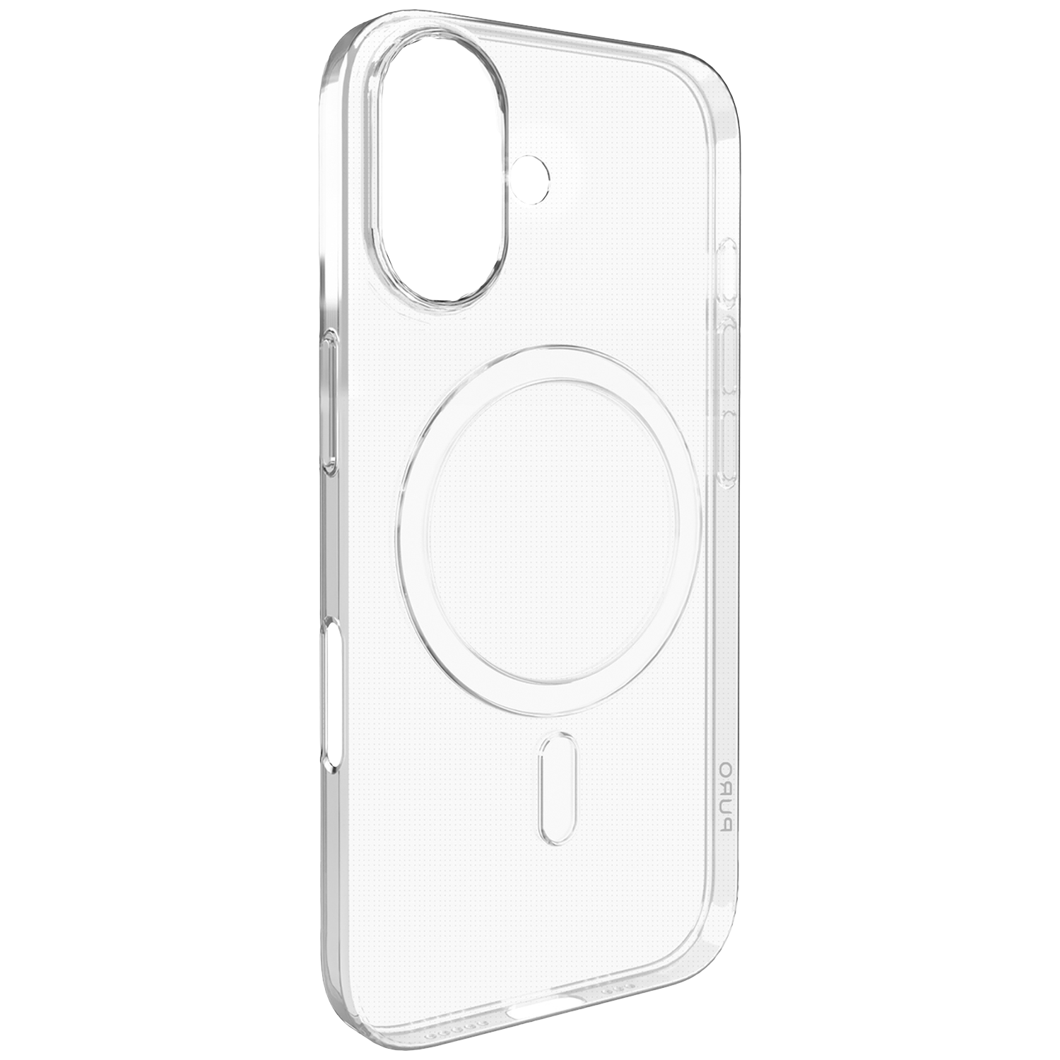 Een doorzichtige telefoonhoes. Het heeft een uitsparing voor de camera, een cirkelvormige inkeping en een rechthoekige opening aan de onderkant. De hoes is transparant.