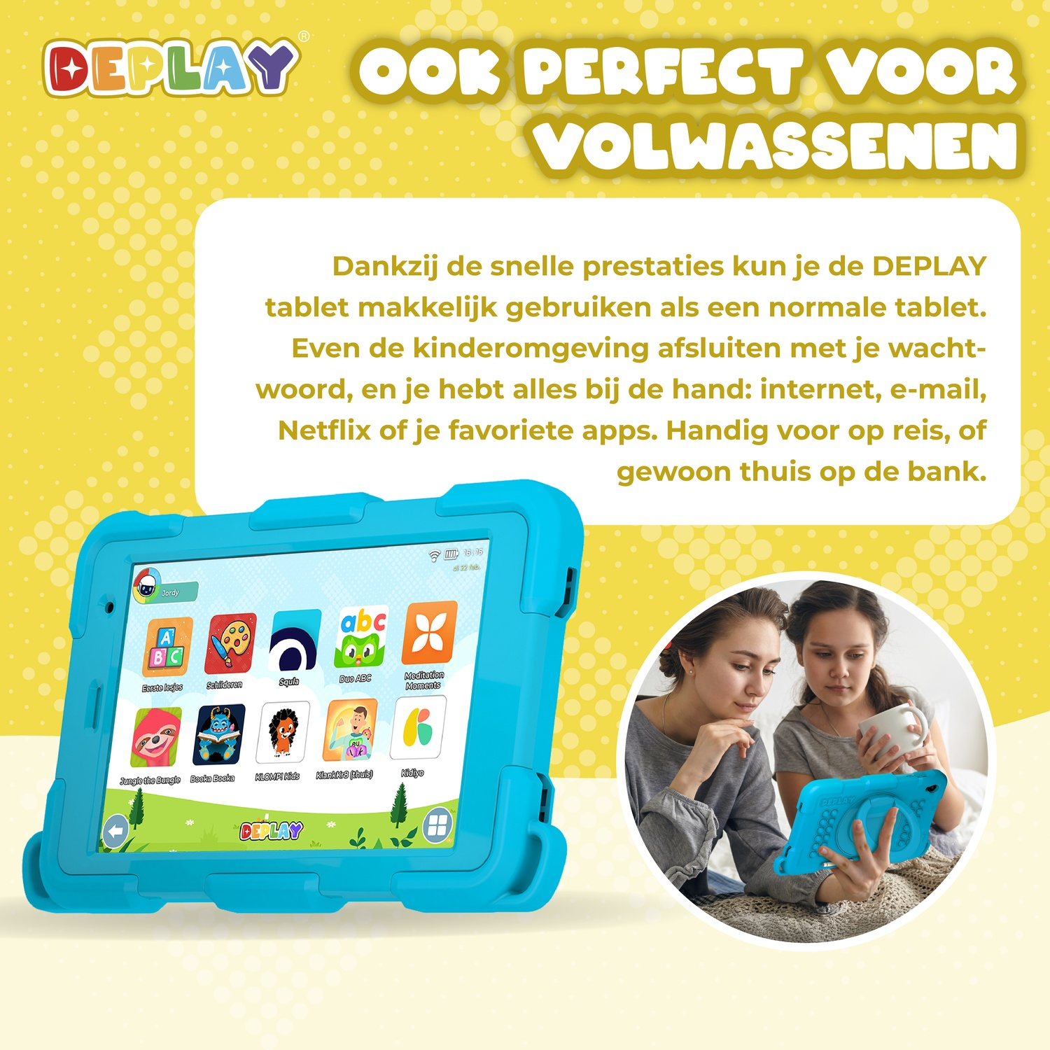 Two women looking at a blue tablet. The tablet is in a blue case. Text overlayed on the image.
