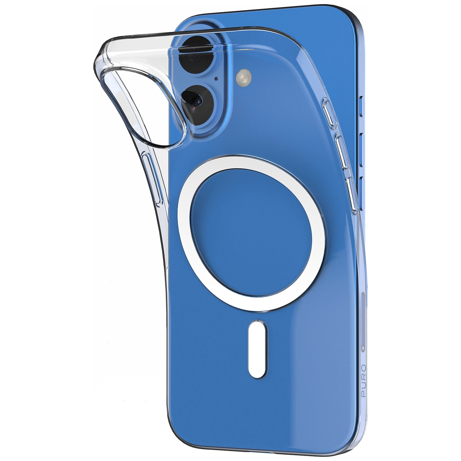 Blauwe telefoon met een doorzichtige hoes. De hoes heeft een witte magnetische ring. De telefoon heeft drie camera's.
