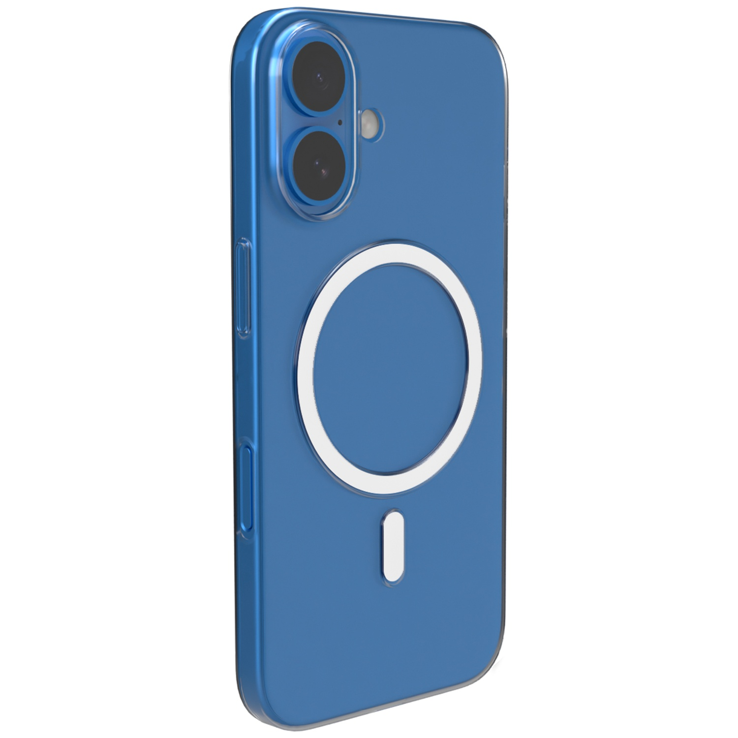 Blauwe telefoonhoes met een wit cirkelvormig MagSafe-ontwerp, met twee cameralenzen. De hoes is schuin.