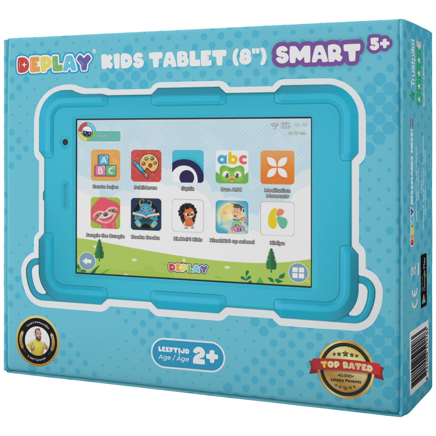 A blue Deplay kids tablet box. It shows the tablet screen with apps, and age range from 2+, and a top rated sticker.