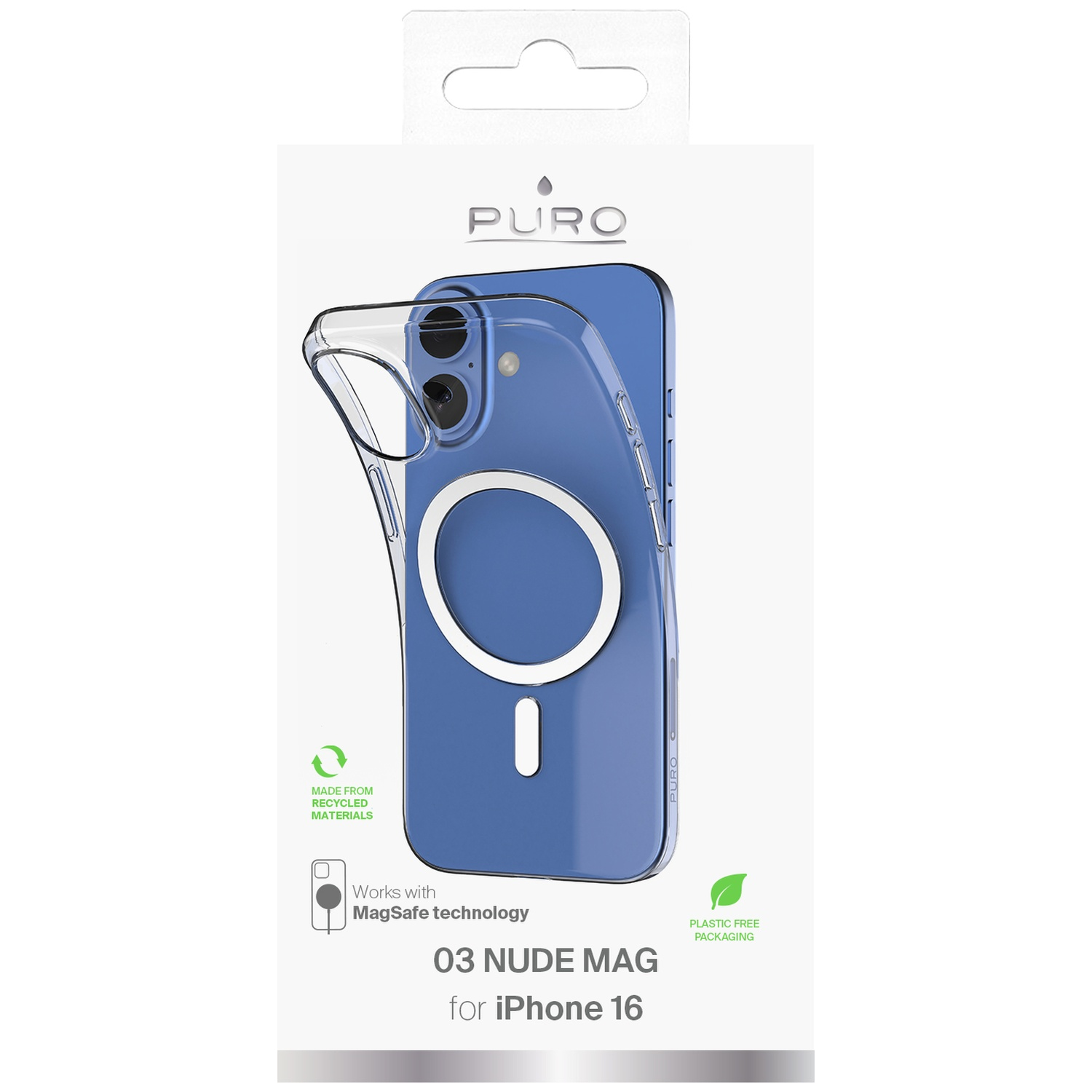 Een telefoonhoesje voor iPhone 16 in een verpakking. De telefoon is blauw, met een doorzichtige hoes. De verpakking heeft labels voor gerecyclede materialen en MagSafe.