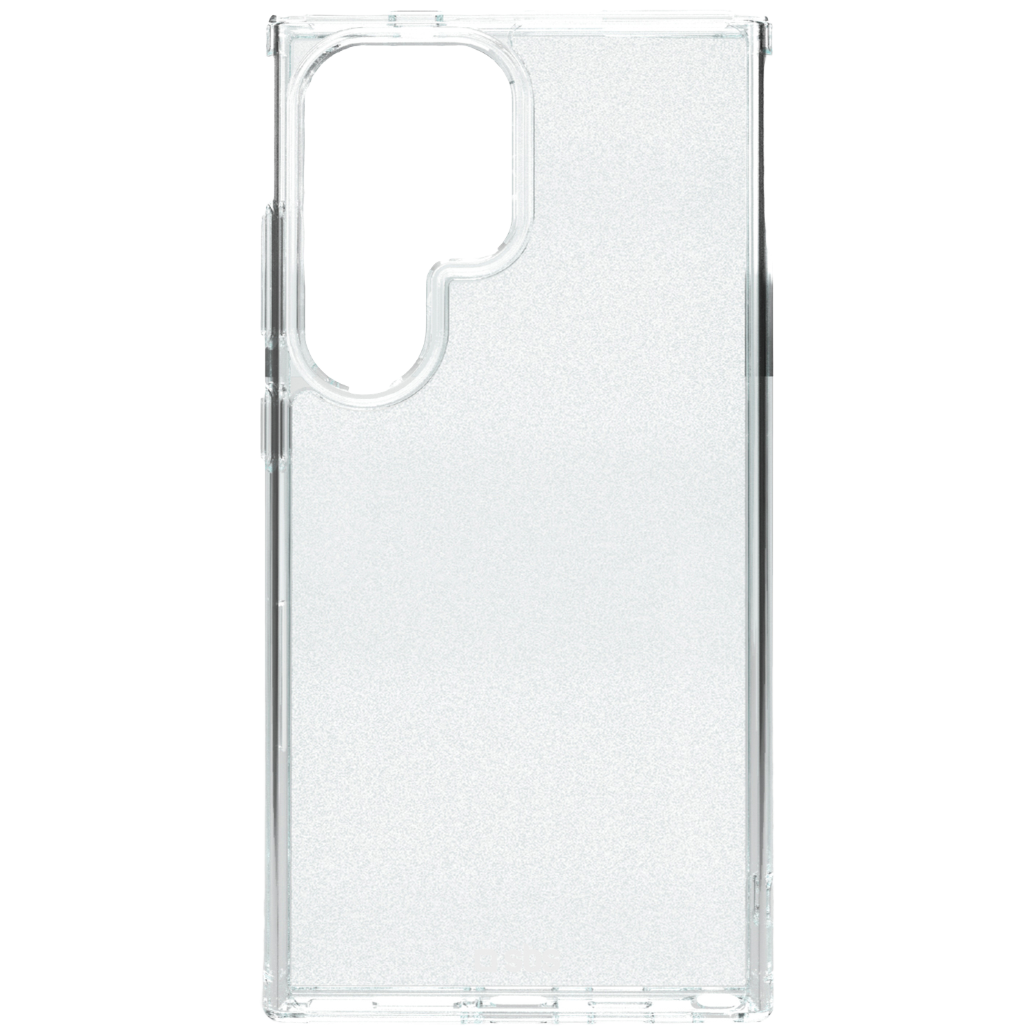Une coque de téléphone transparente. Elle comporte des découpes pour l'appareil photo et les boutons. L'étui est rectangulaire, coins arrondis et surface texturée.