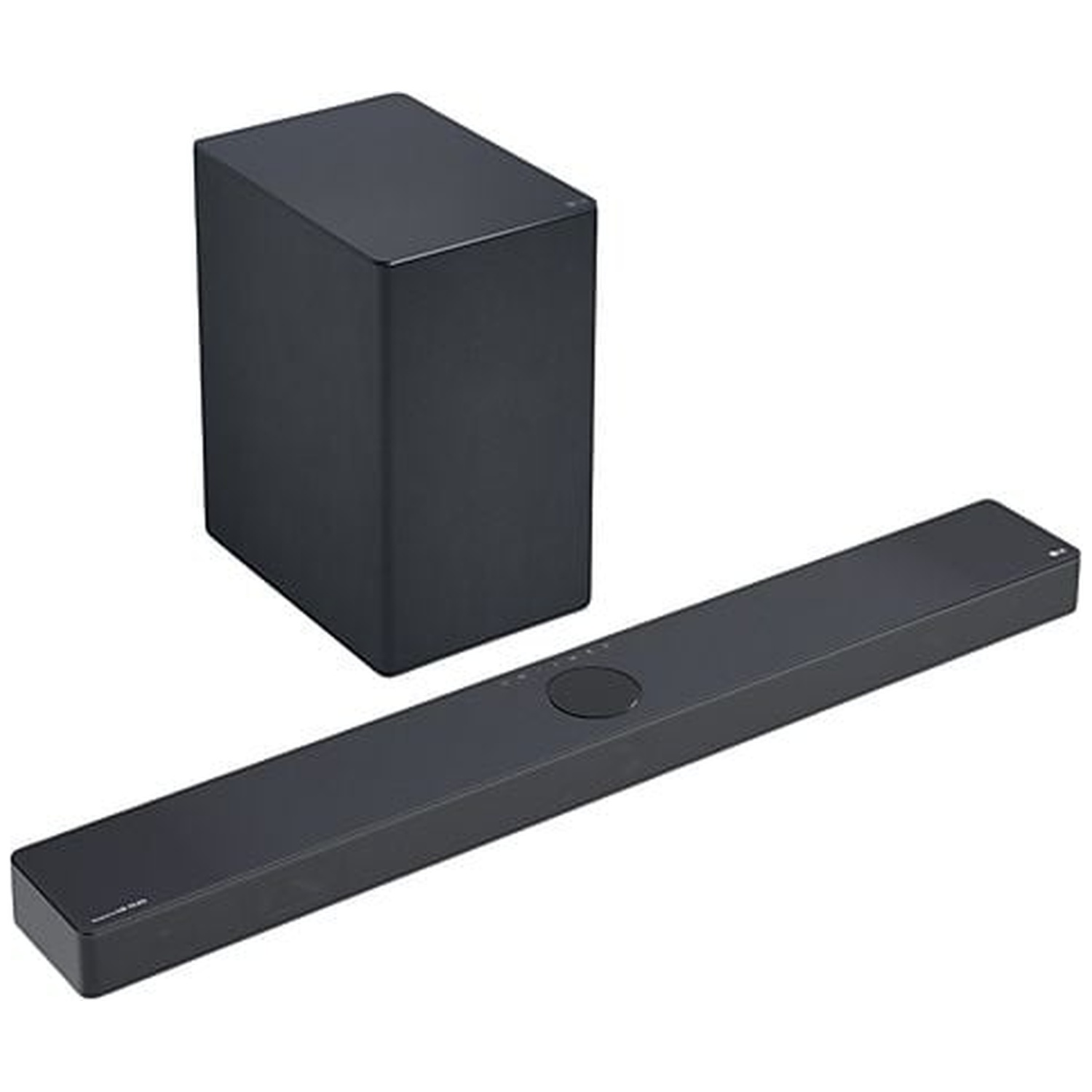 Un ensemble barre de son et caisson de basses noir sur une surface blanche. La barre de son est longue et rectangulaire. Le caisson est un cube.