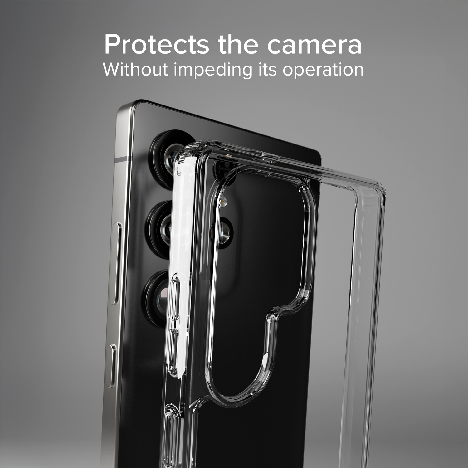 Une coque de téléphone transparente protège un téléphone. Le téléphone a trois lentilles de caméra. Le texte dit "Protège l'appareil photo".