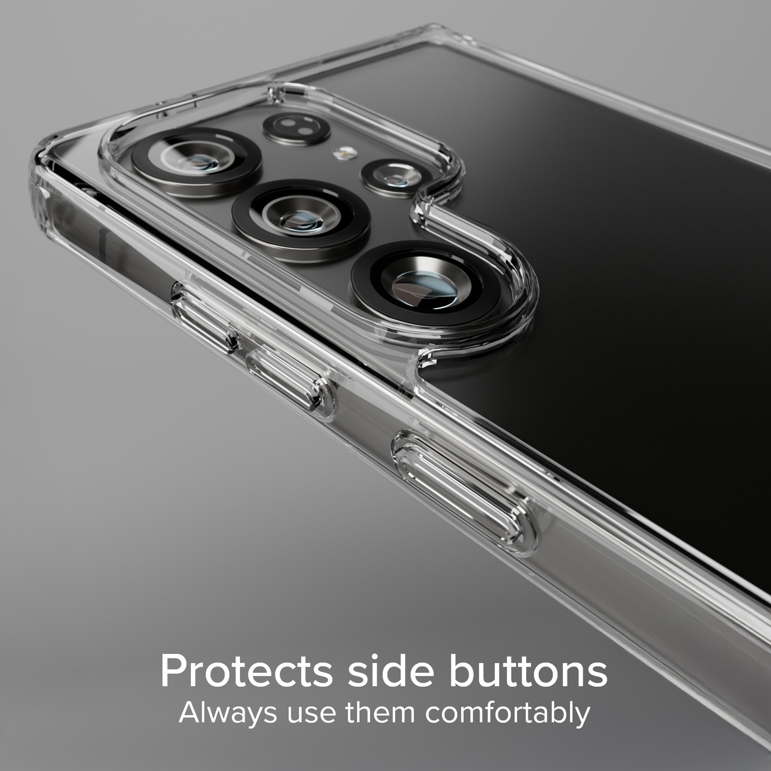 Coque de téléphone transparente avec objectifs d'appareil photo visibles. La coque protège les boutons latéraux. Fond gris avec texte.