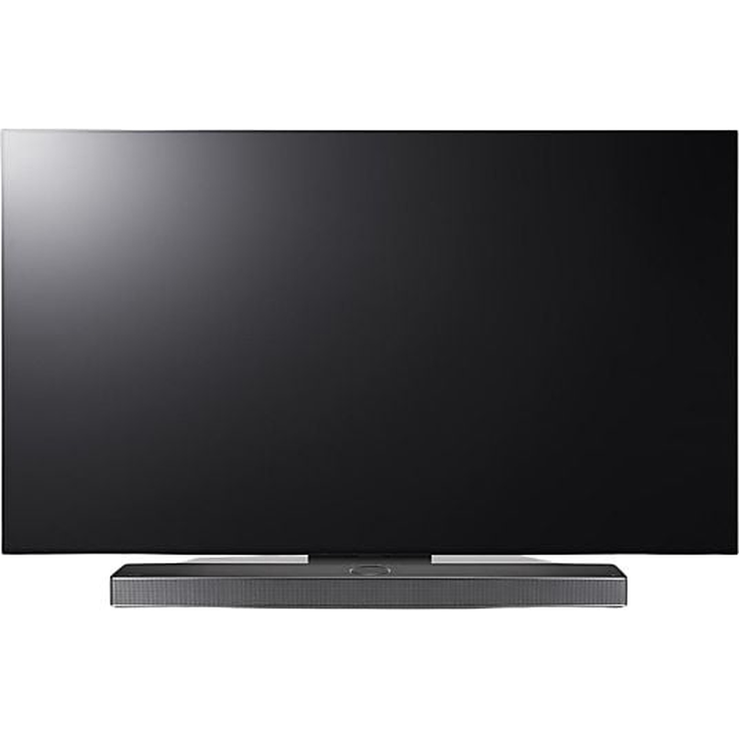 Une grande télévision noire avec une barre de son assortie en dessous, sur fond blanc.